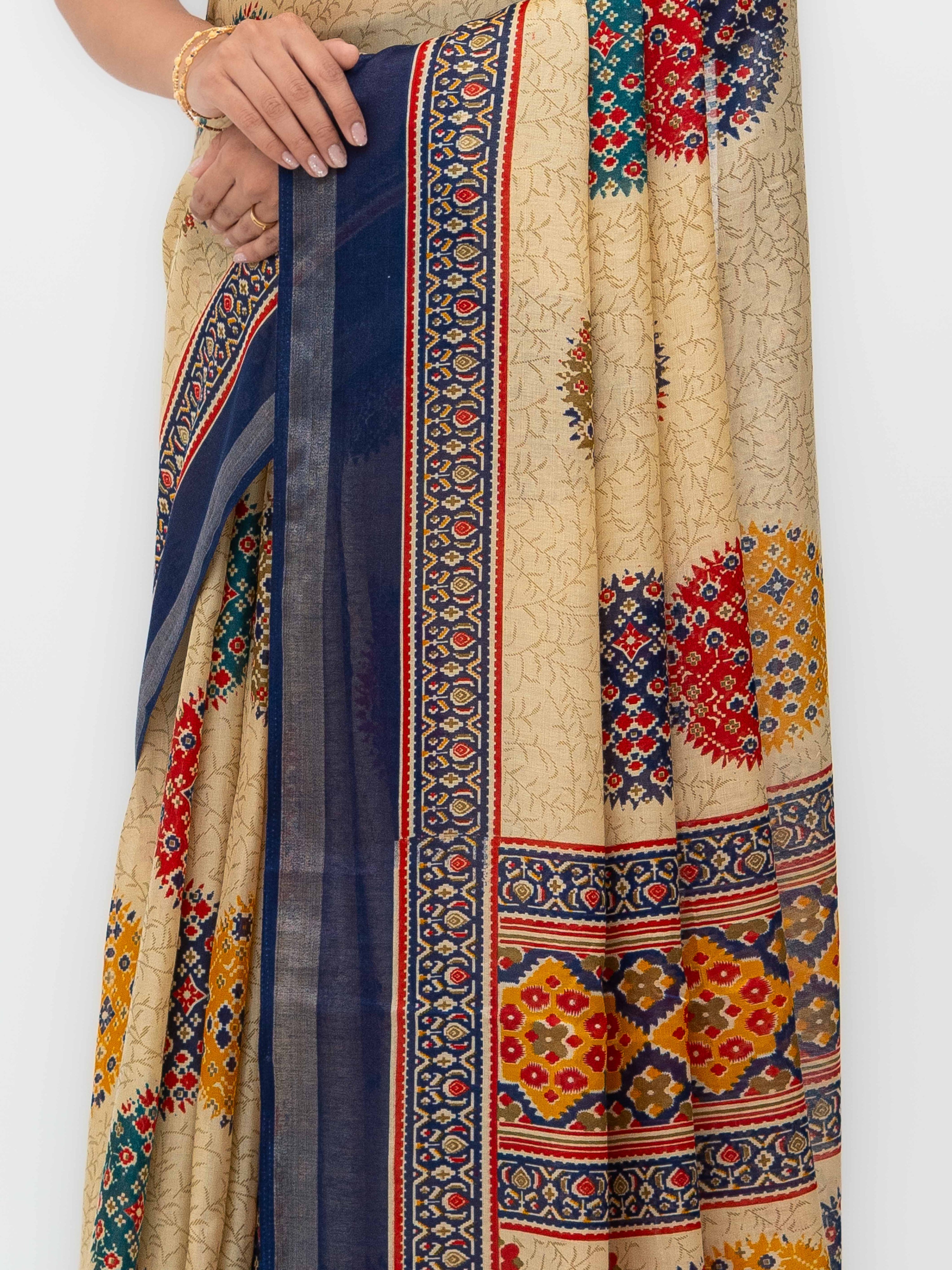 Beige &amp; Navy Blue Mall Cotton Saree