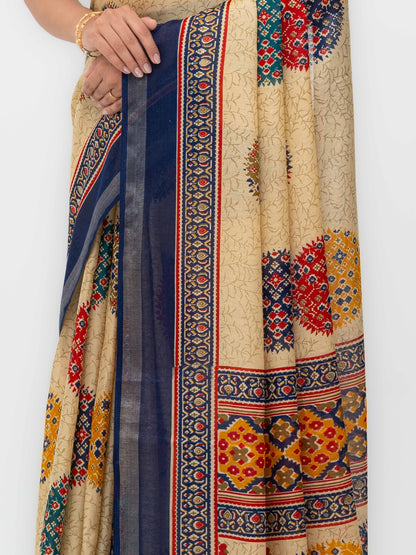 Beige &amp; Navy Blue Mall Cotton Saree