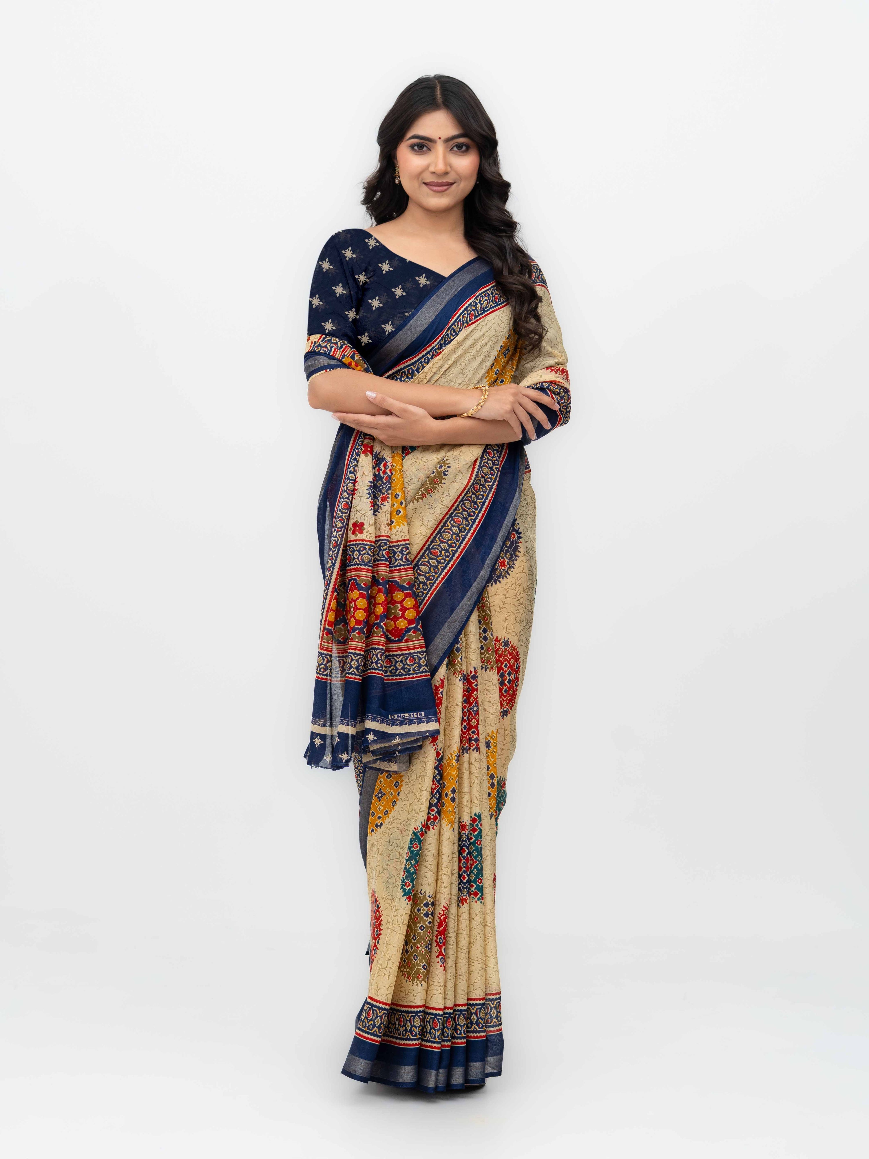 Beige &amp; Navy Blue Mall Cotton Saree