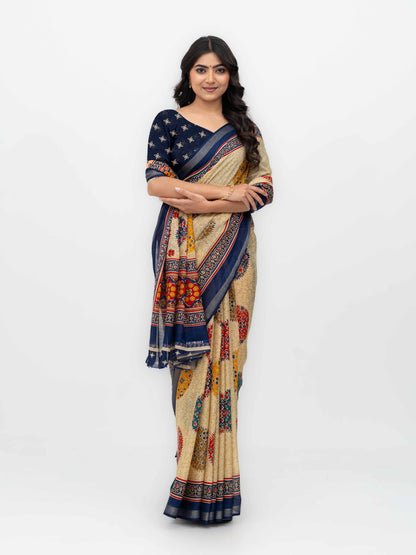 Beige &amp; Navy Blue Mall Cotton Saree