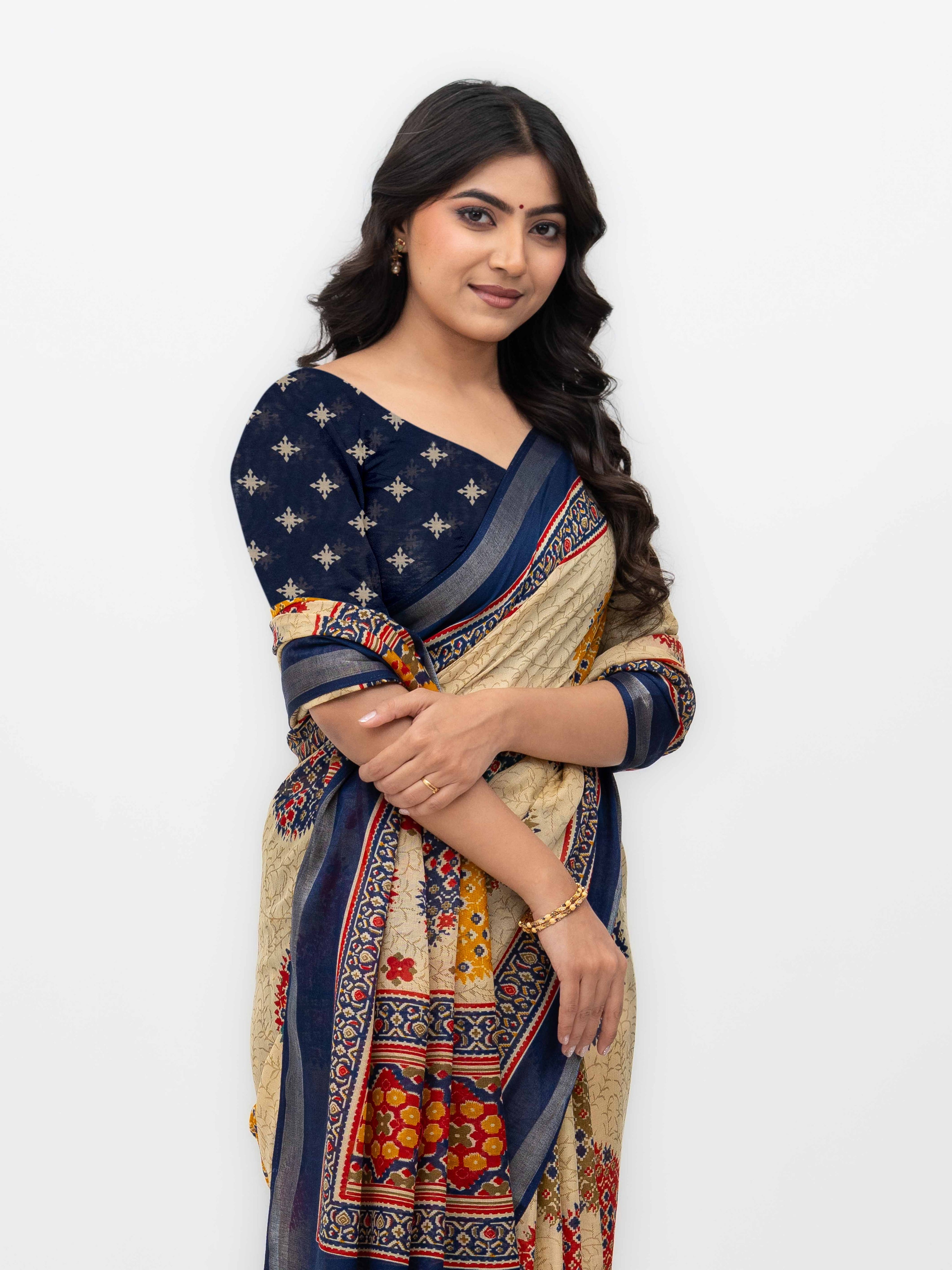 Beige &amp; Navy Blue Mall Cotton Saree