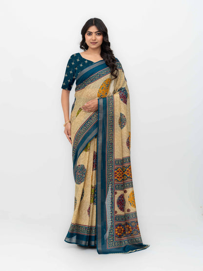 Beige &amp; Teal Mall Cotton Saree