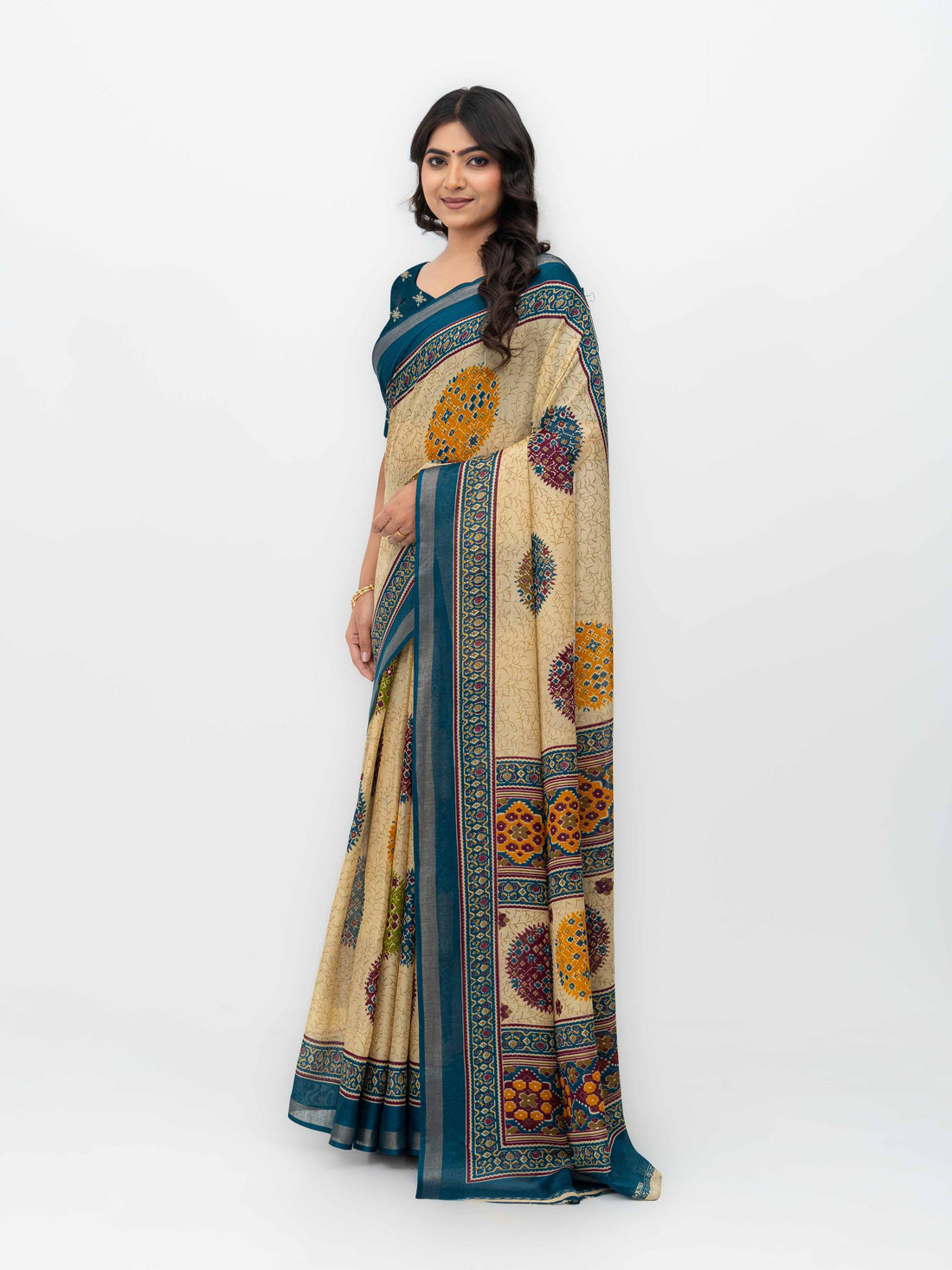Beige &amp; Teal Mall Cotton Saree