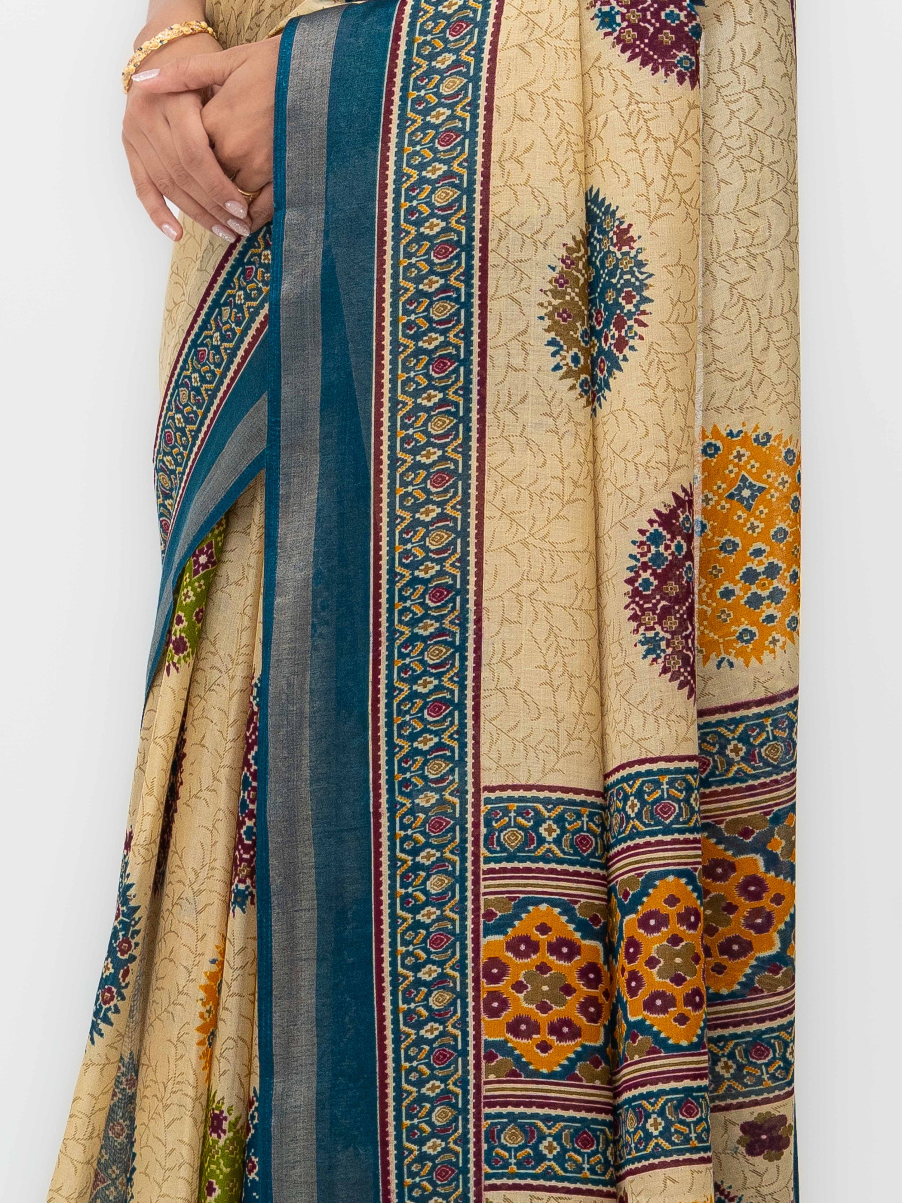 Beige &amp; Teal Mall Cotton Saree