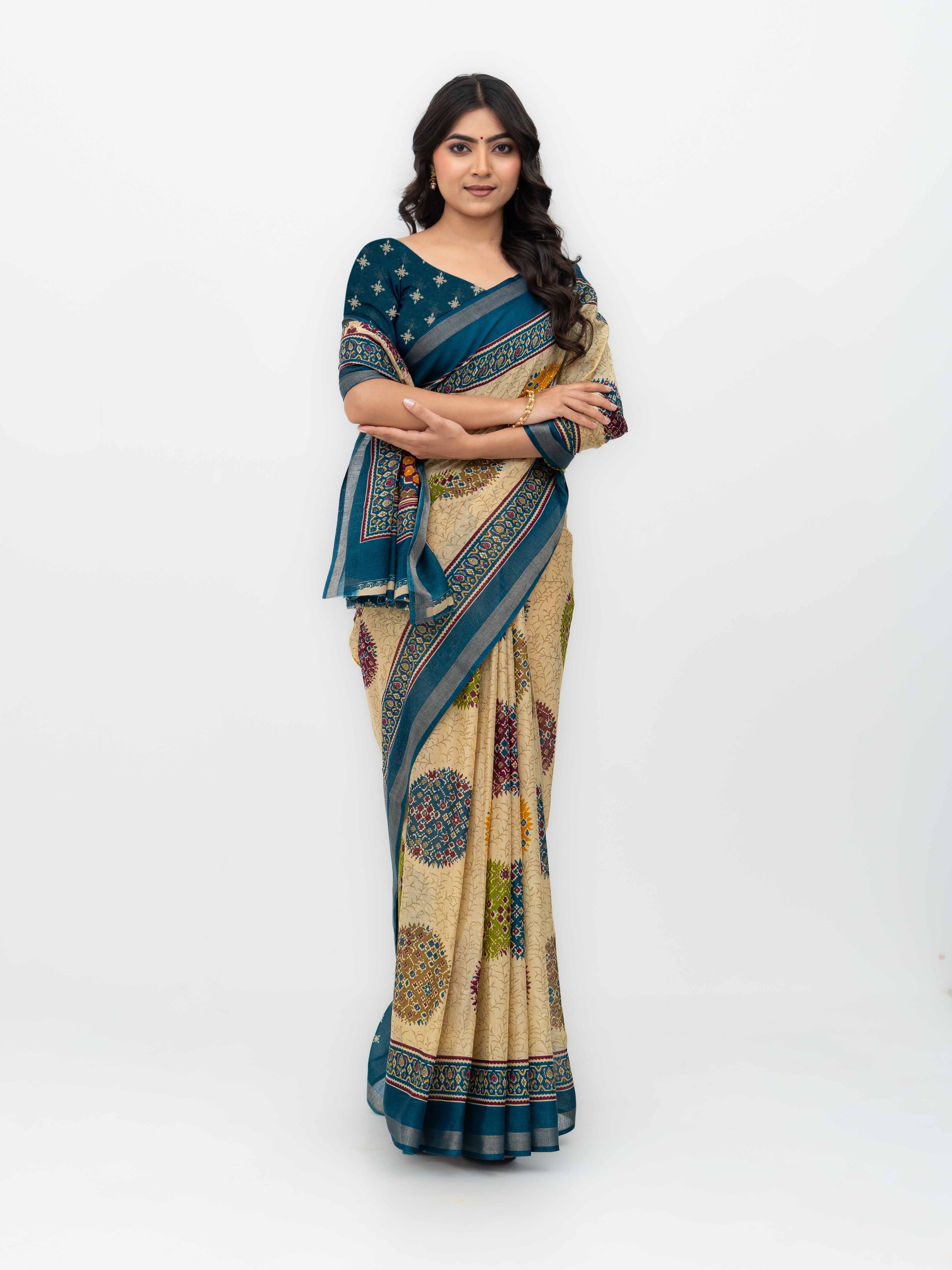 Beige &amp; Teal Mall Cotton Saree