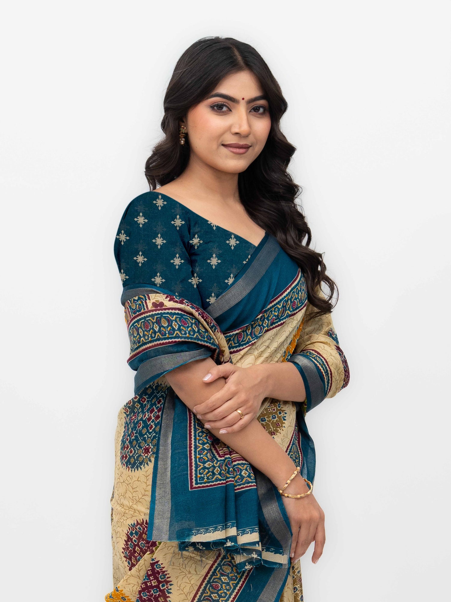 Beige &amp; Teal Mall Cotton Saree