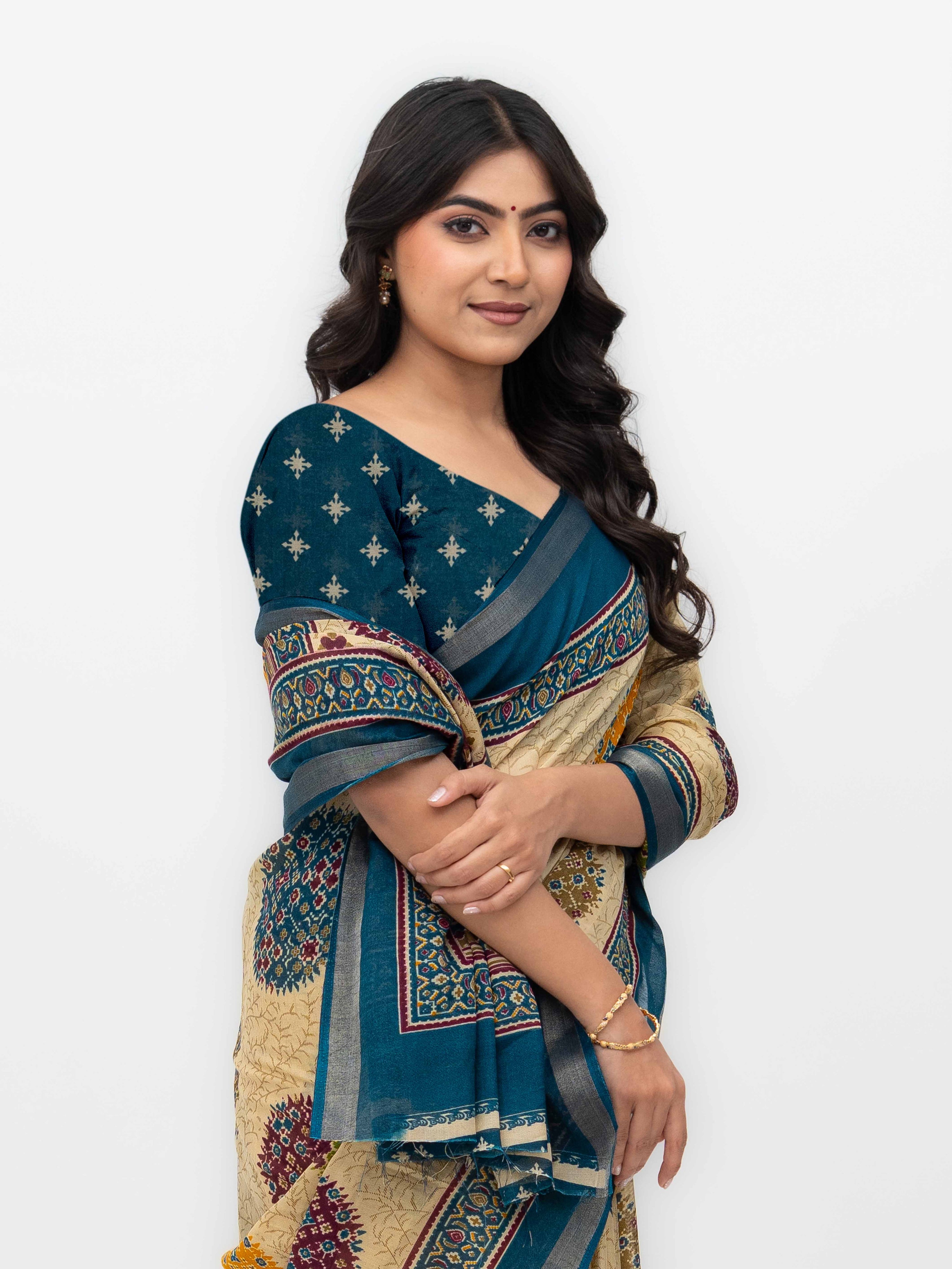 Beige &amp; Teal Mall Cotton Saree