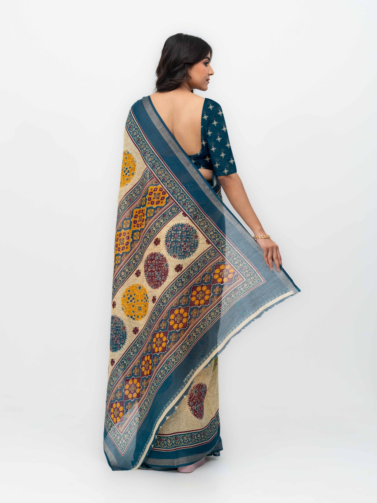 Beige &amp; Teal Mall Cotton Saree
