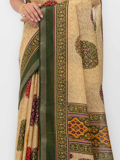 Beige &amp; Green Mall Cotton Saree