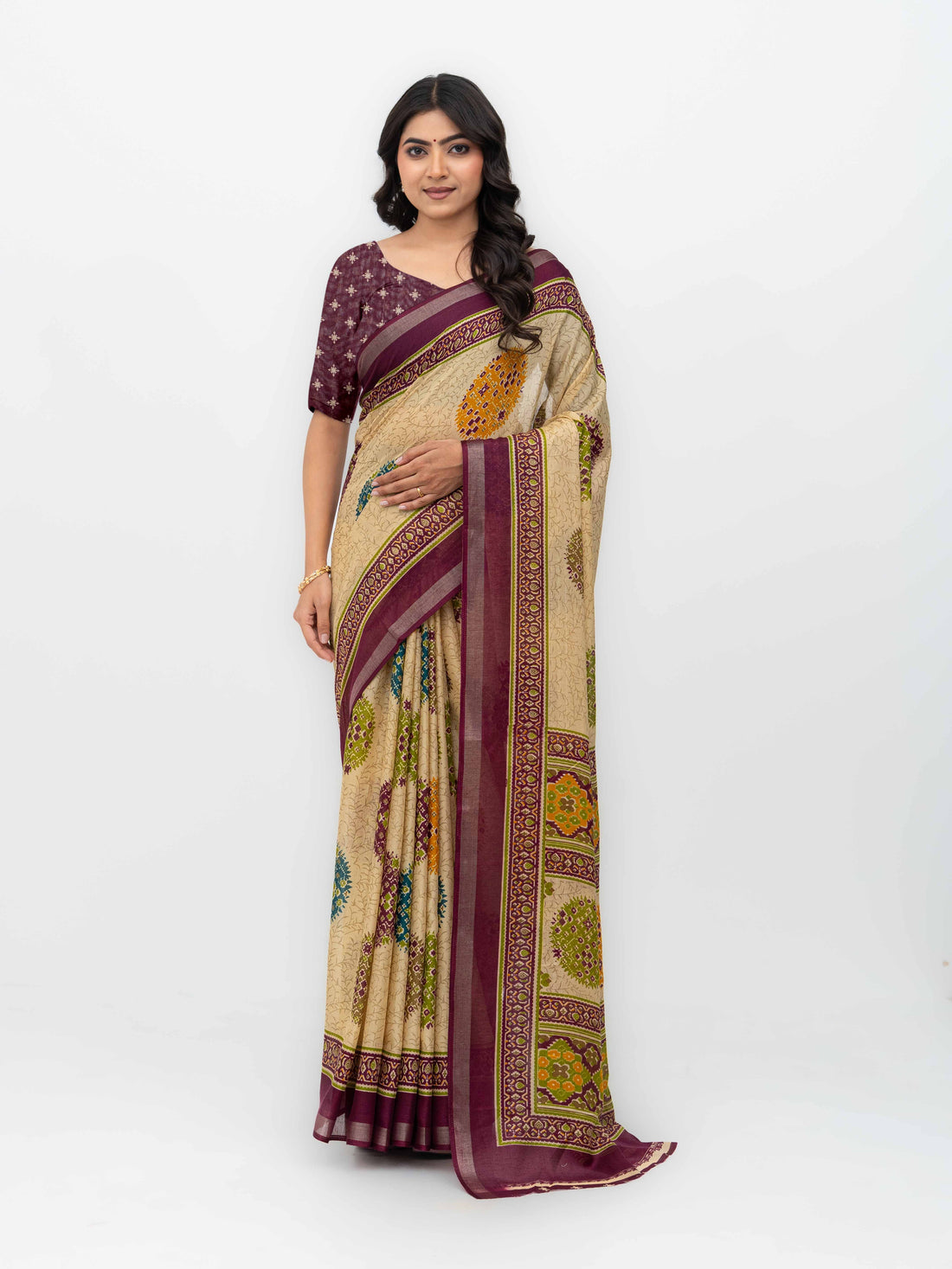 Beige &amp; Wine Mall Cotton Saree