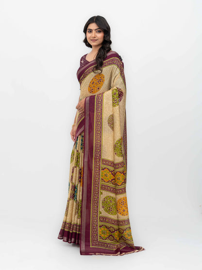 Beige &amp; Wine Mall Cotton Saree