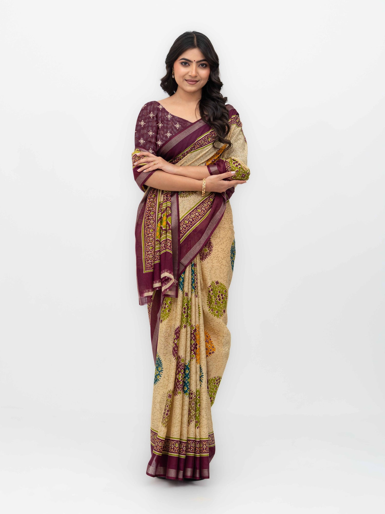 Beige &amp; Wine Mall Cotton Saree