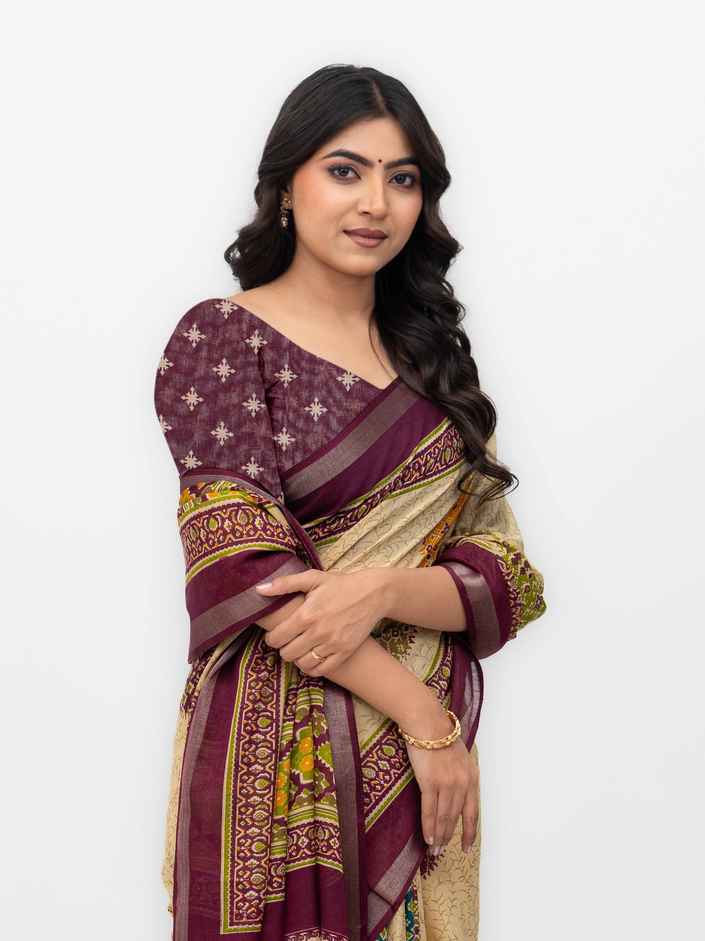 Beige &amp; Wine Mall Cotton Saree