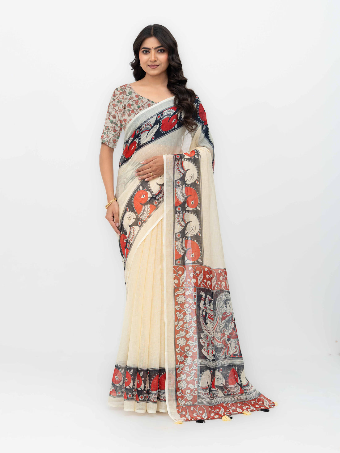Cream Cotton Linen Saree