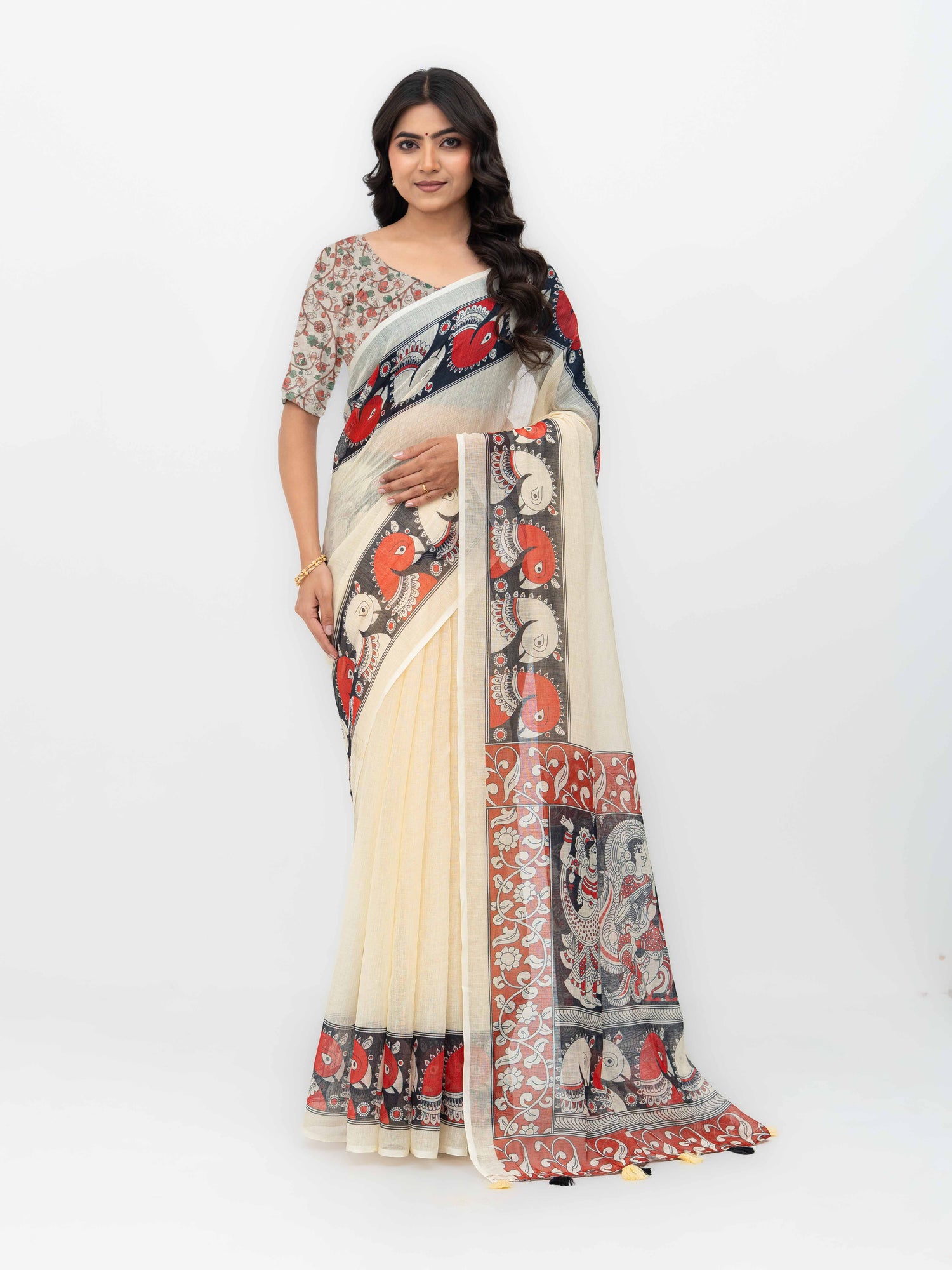 Cream Cotton Linen Saree