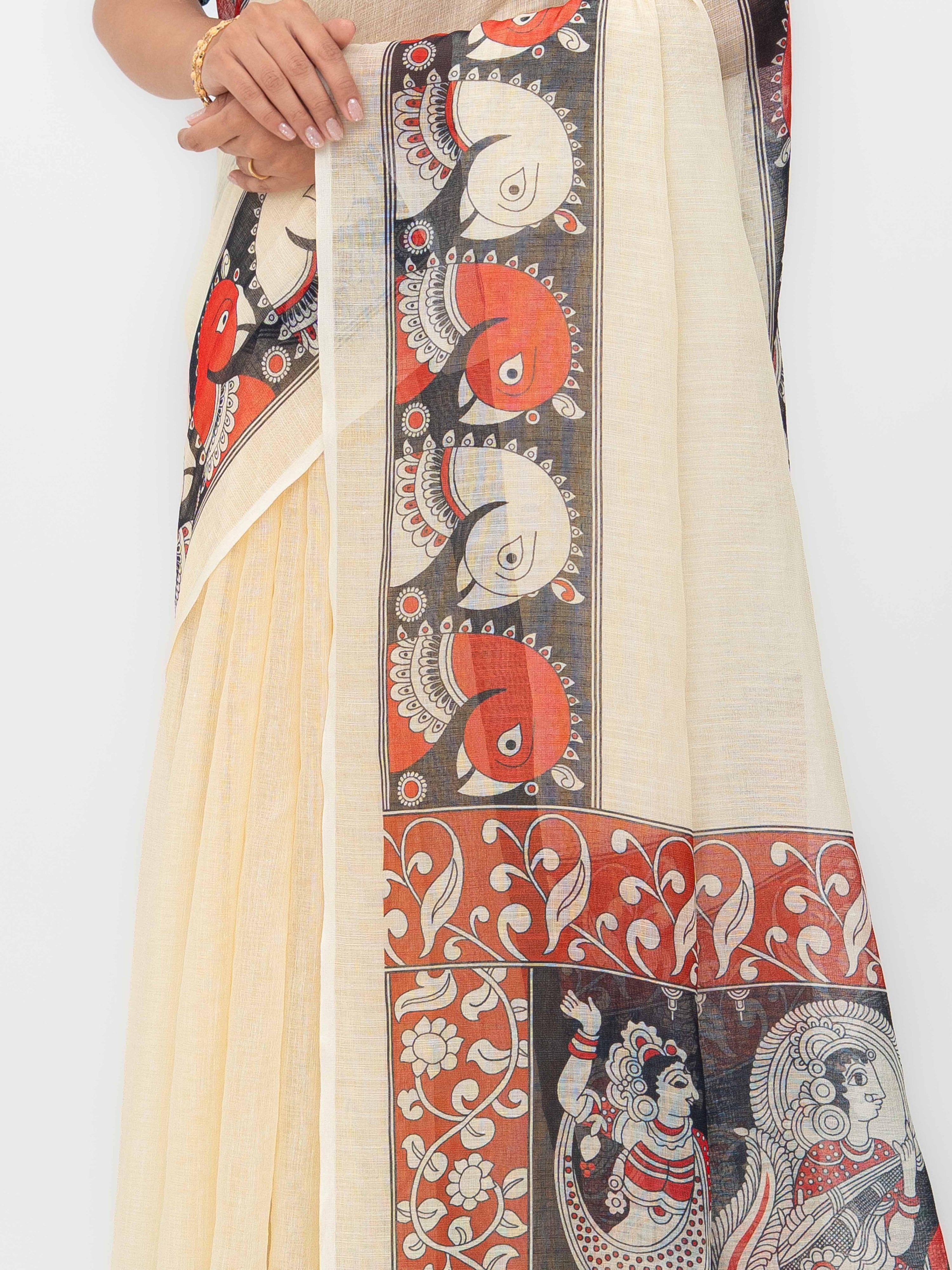 Cream Cotton Linen Saree