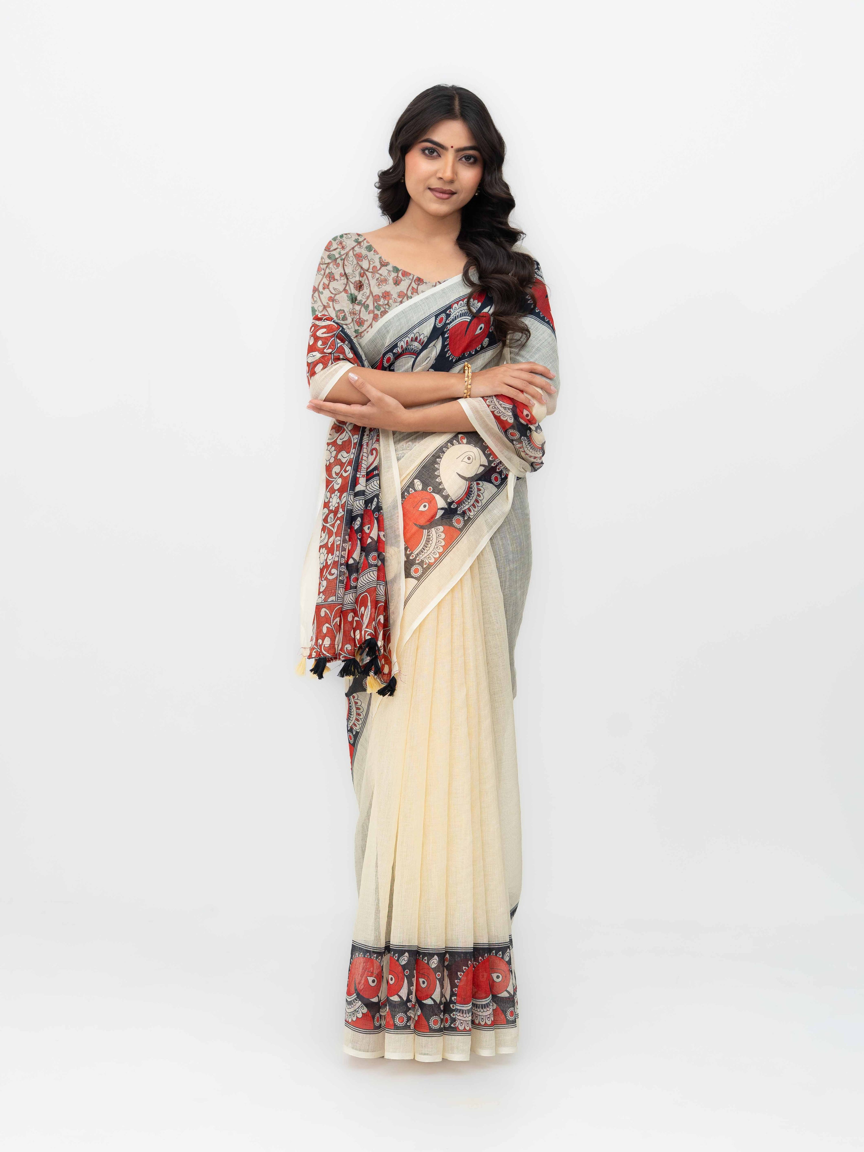 Cream Cotton Linen Saree