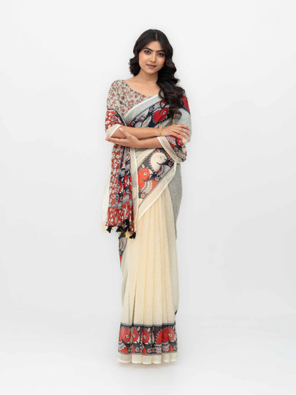 Cream Cotton Linen Saree
