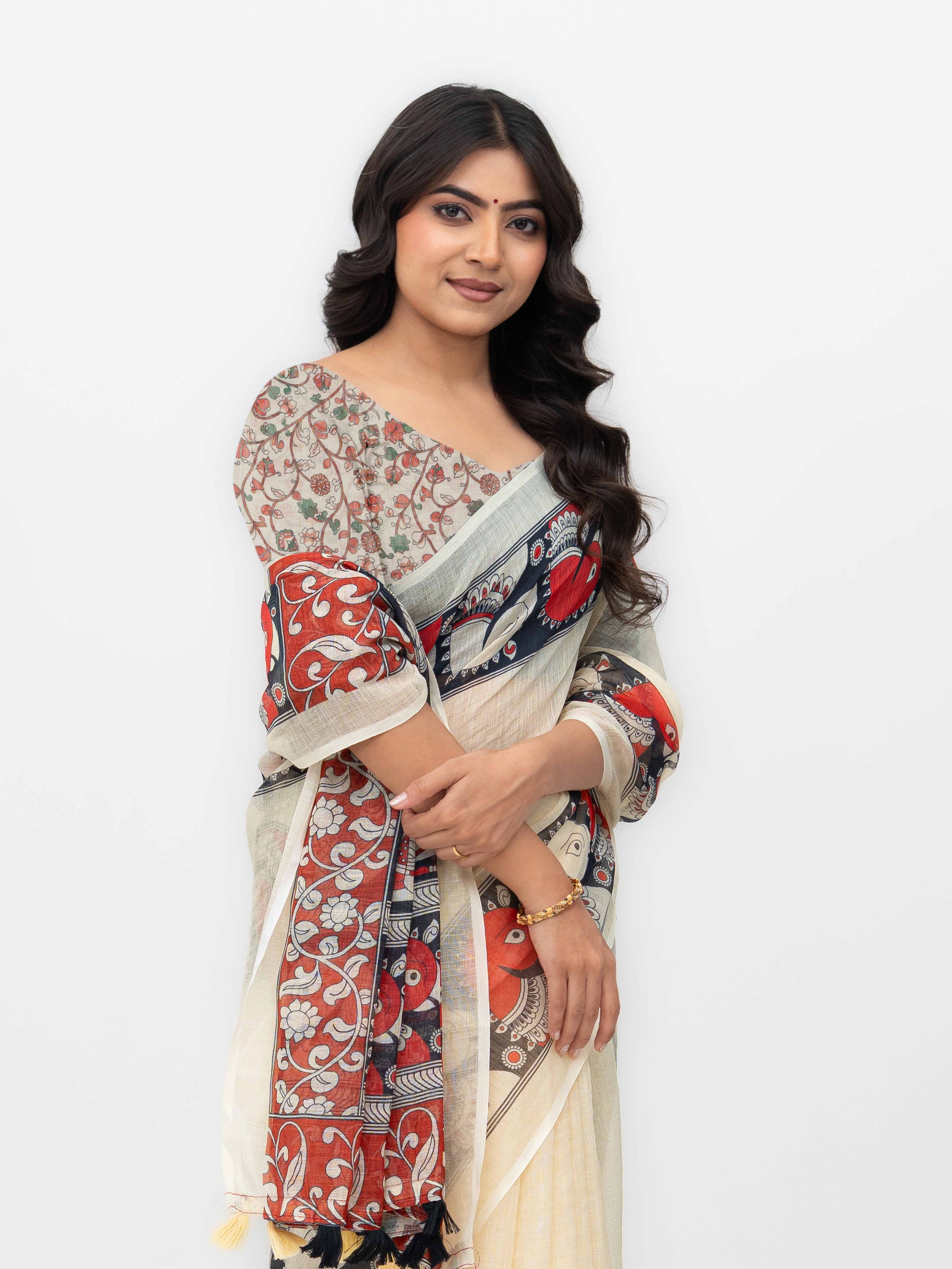 Cream Cotton Linen Saree