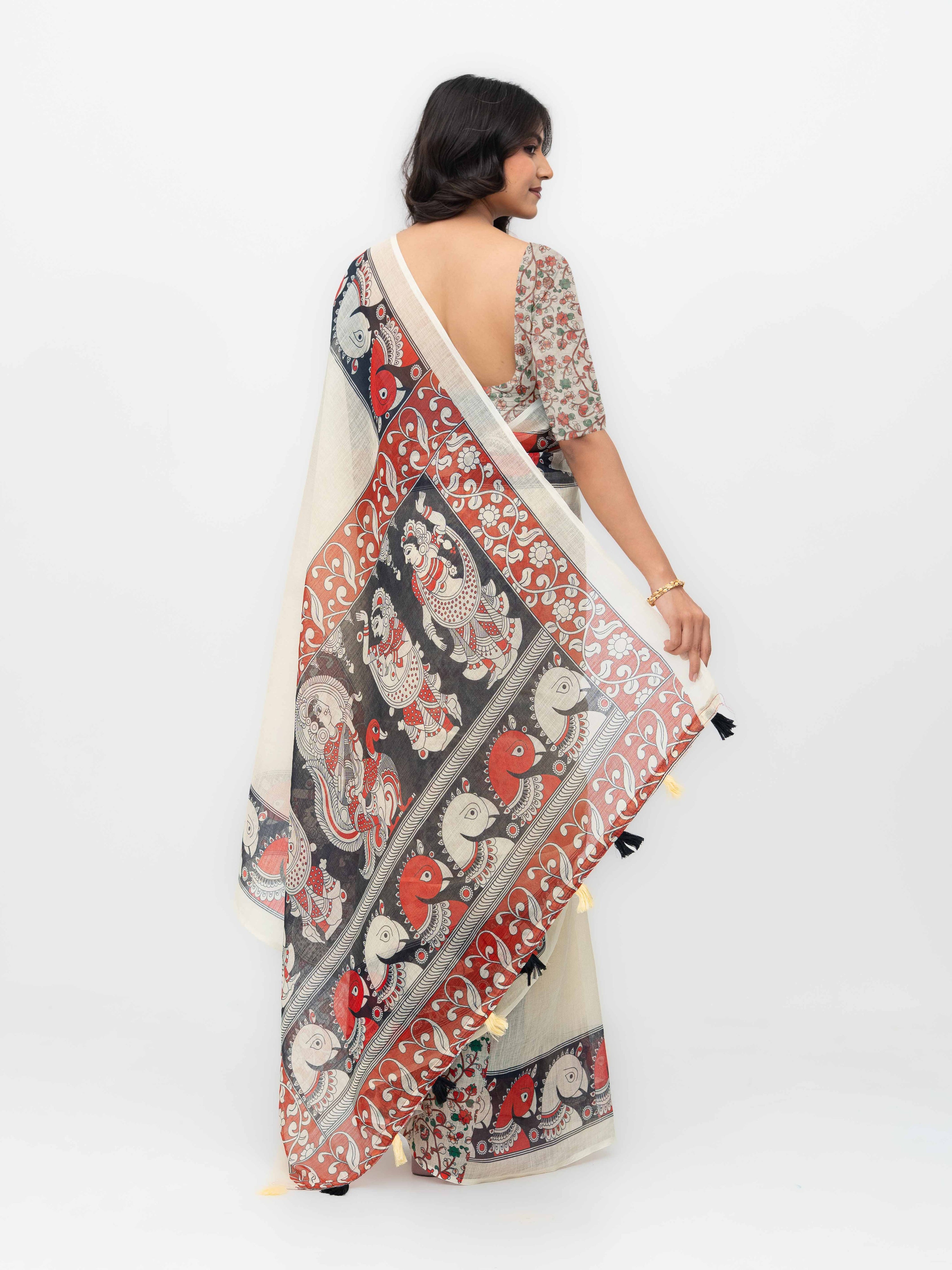 Cream Cotton Linen Saree