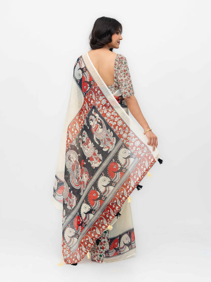 Cream Cotton Linen Saree
