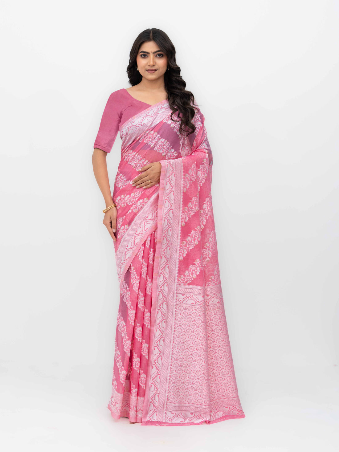 Pink Cotton Linen Saree with
