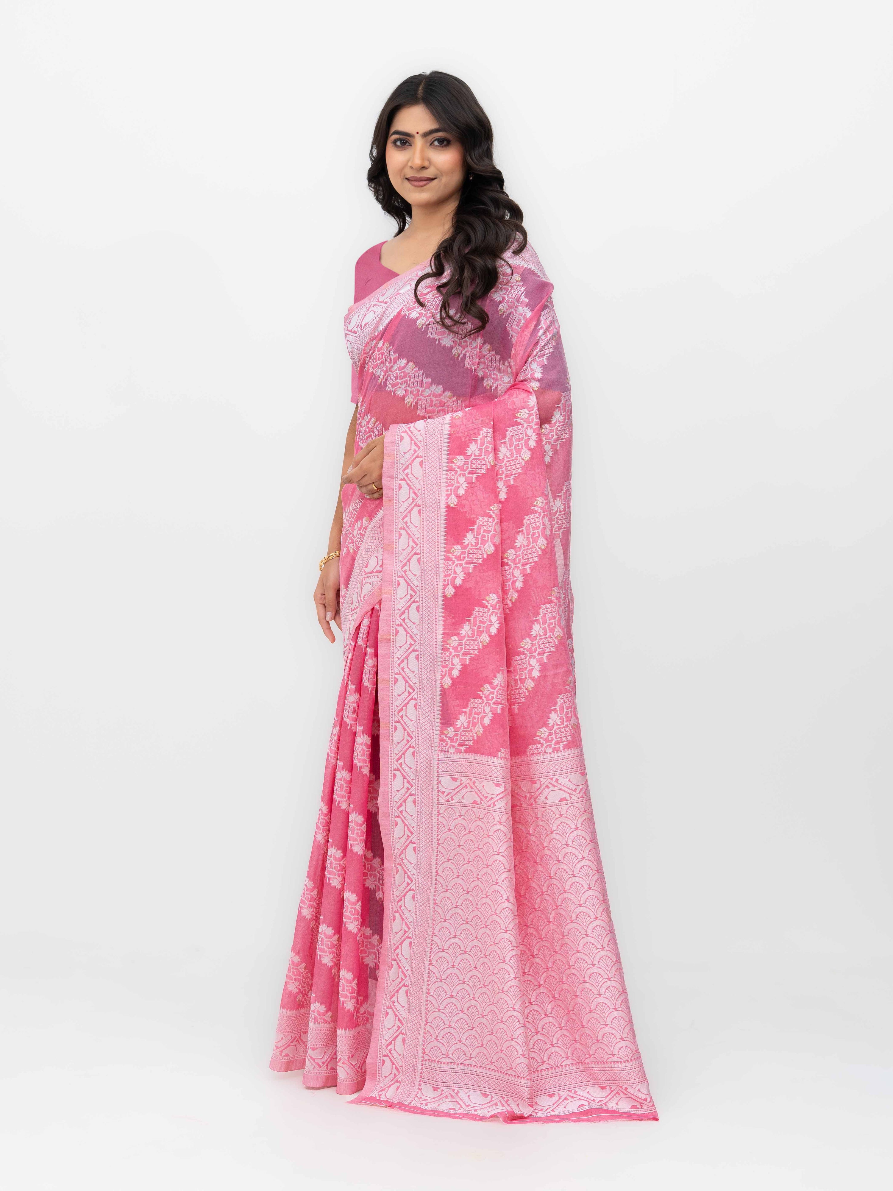 Pink Cotton Linen Saree with