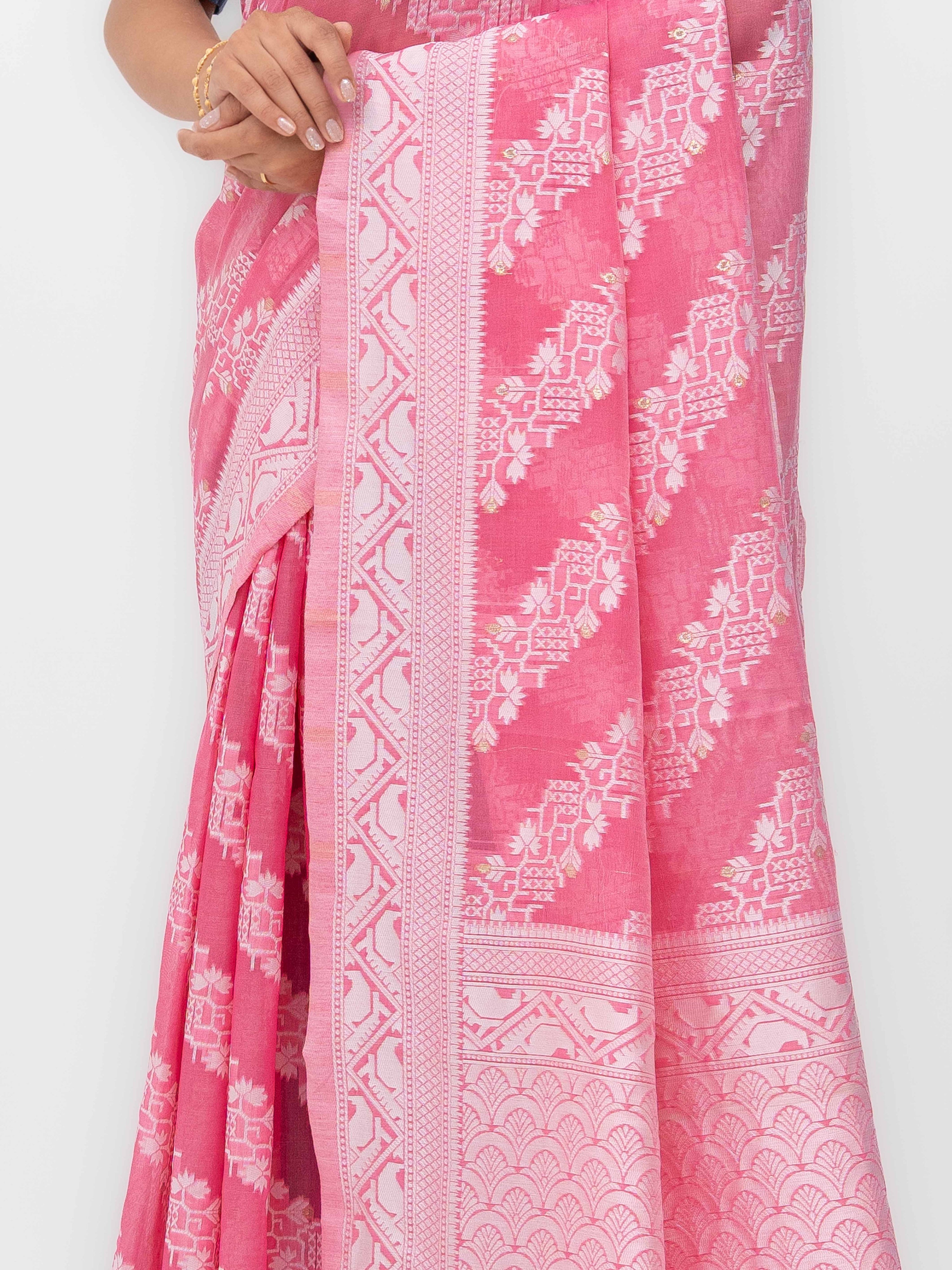 Pink Cotton Linen Saree with