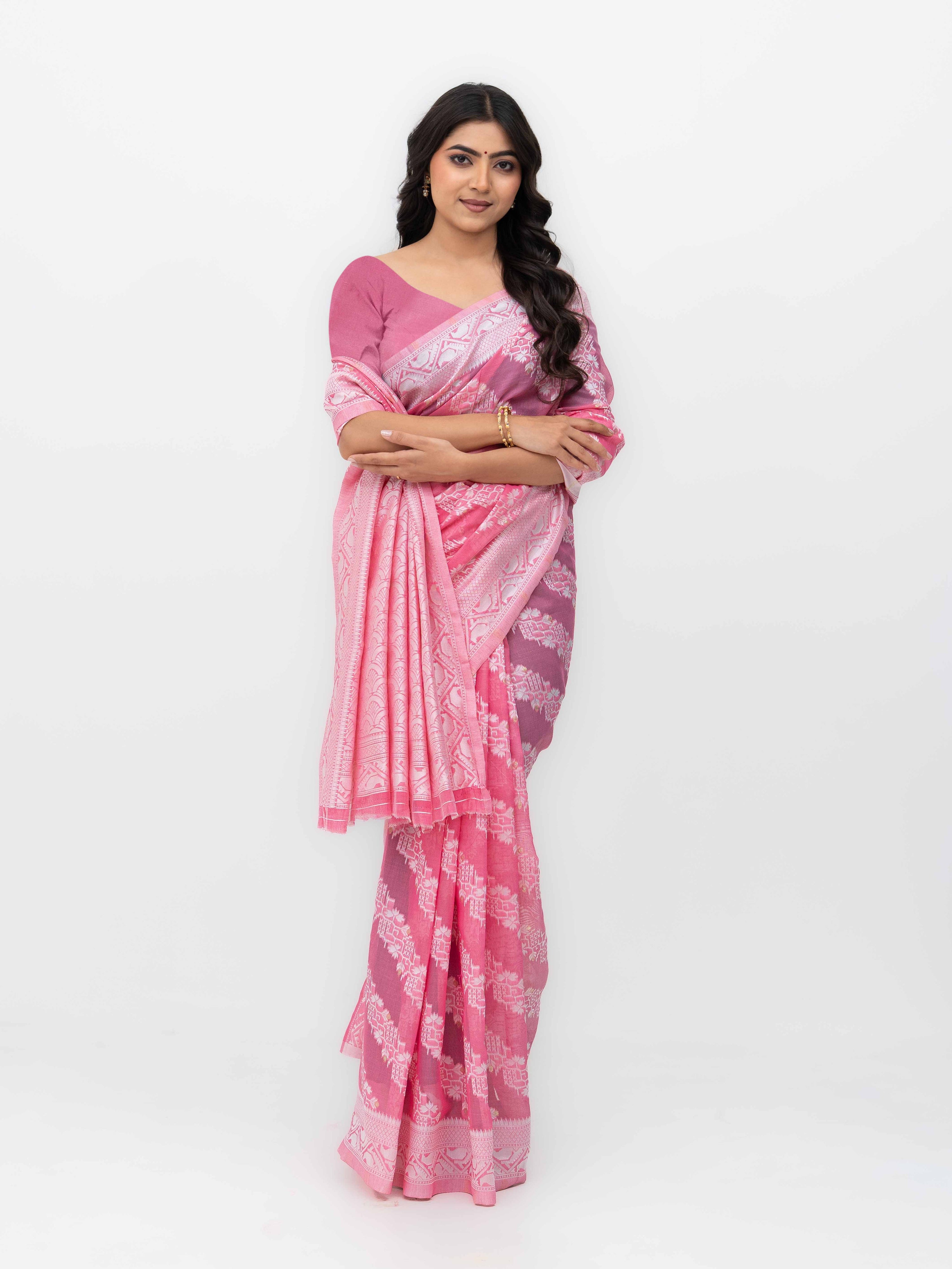 Pink Cotton Linen Saree with