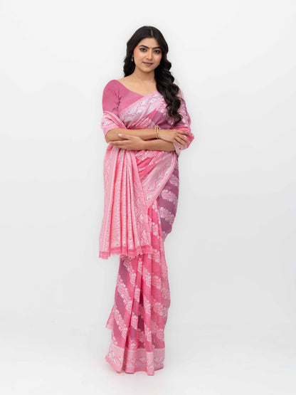 Pink Cotton Linen Saree with