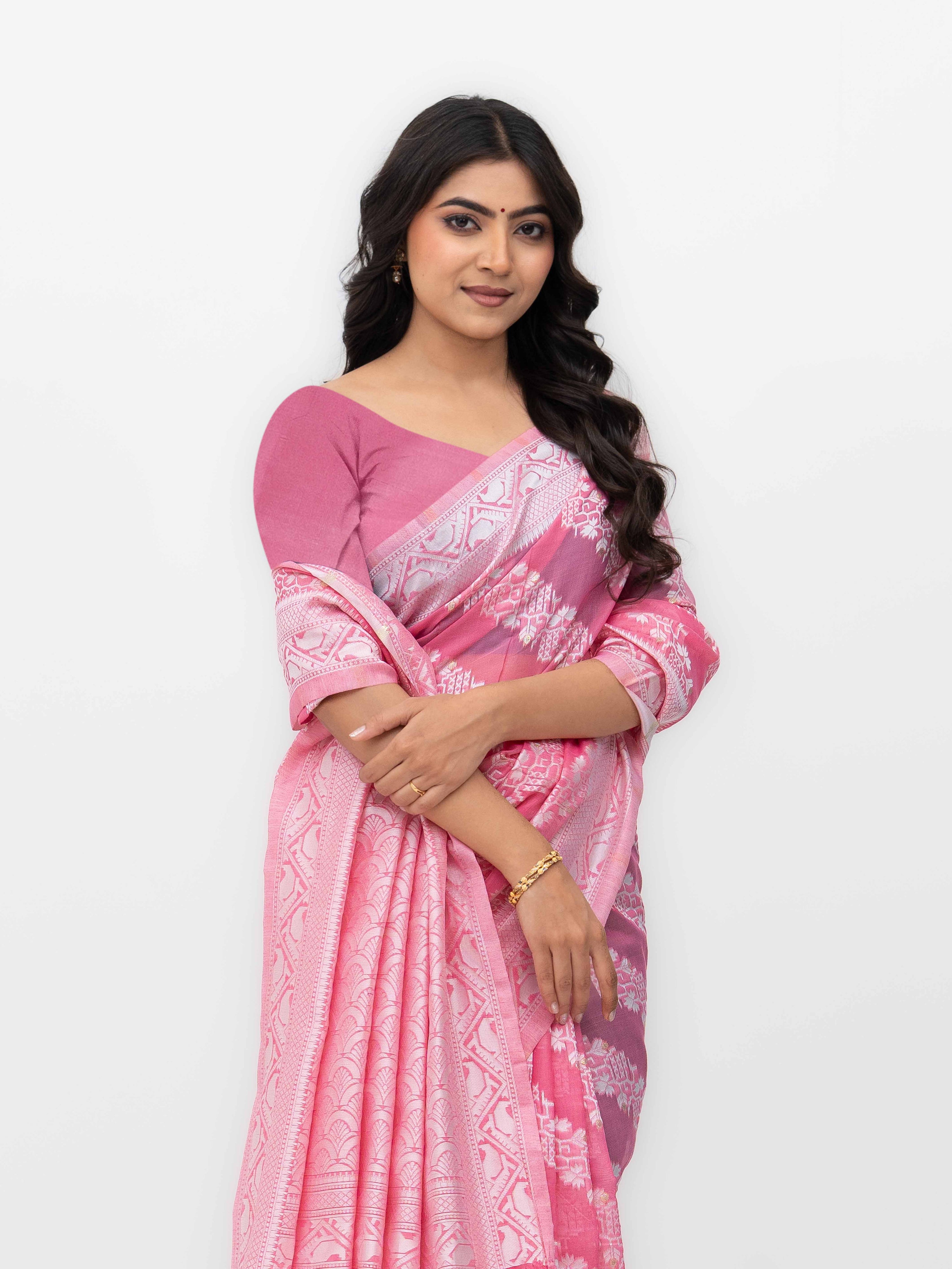 Pink Cotton Linen Saree with