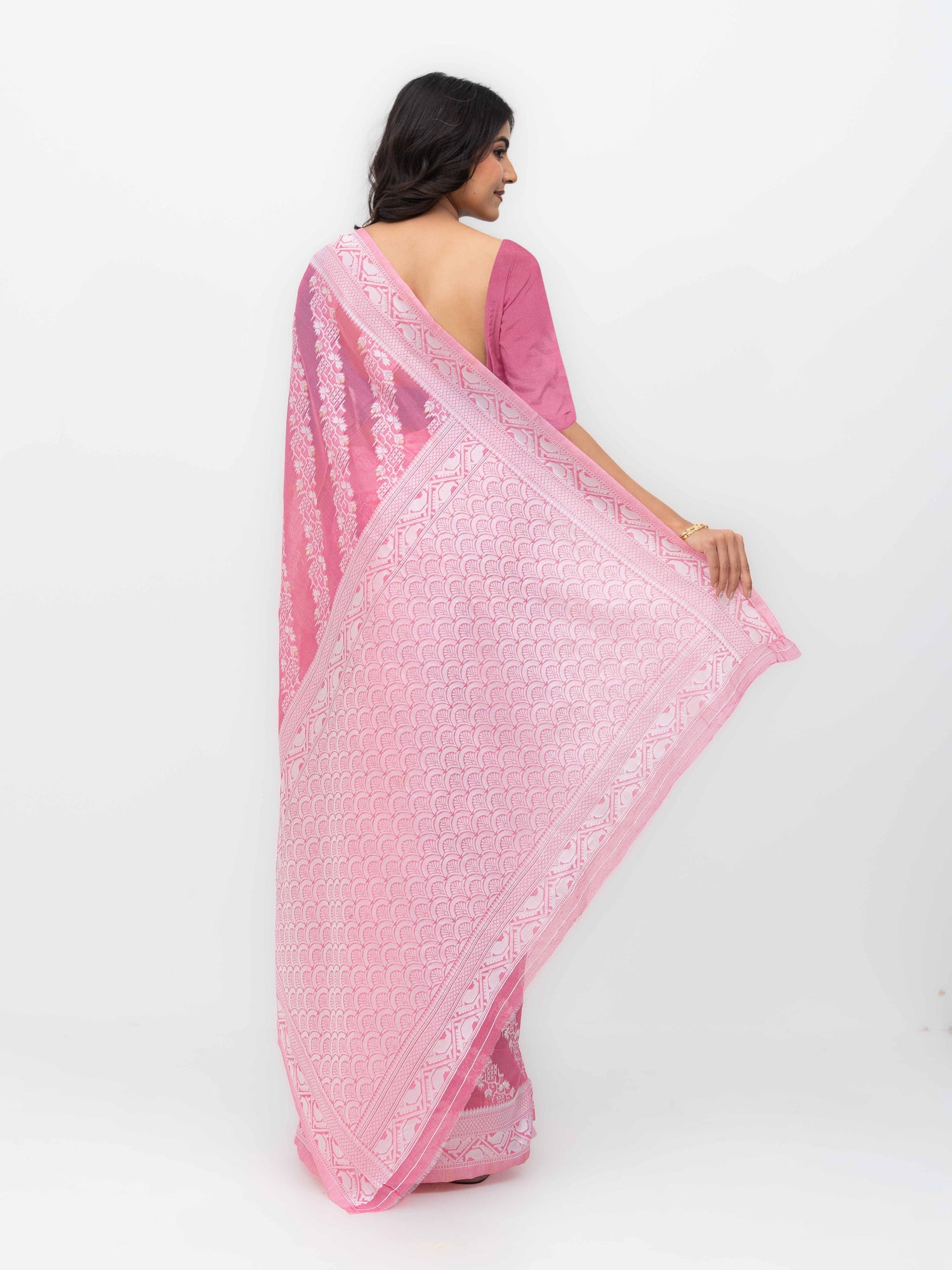 Pink Cotton Linen Saree with