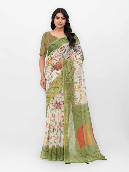 Off-White Cotton Linen Saree