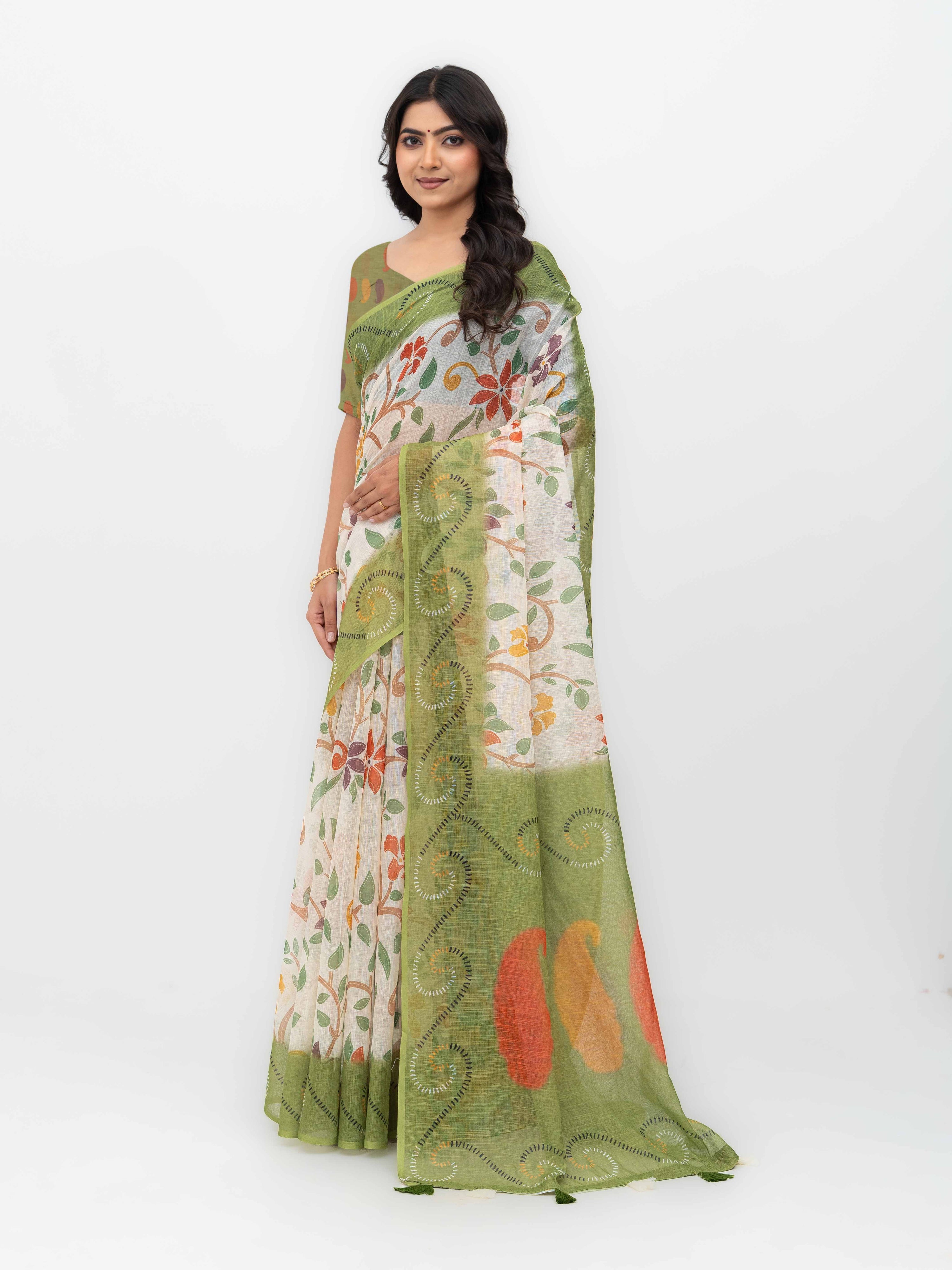 Off-White Cotton Linen Saree