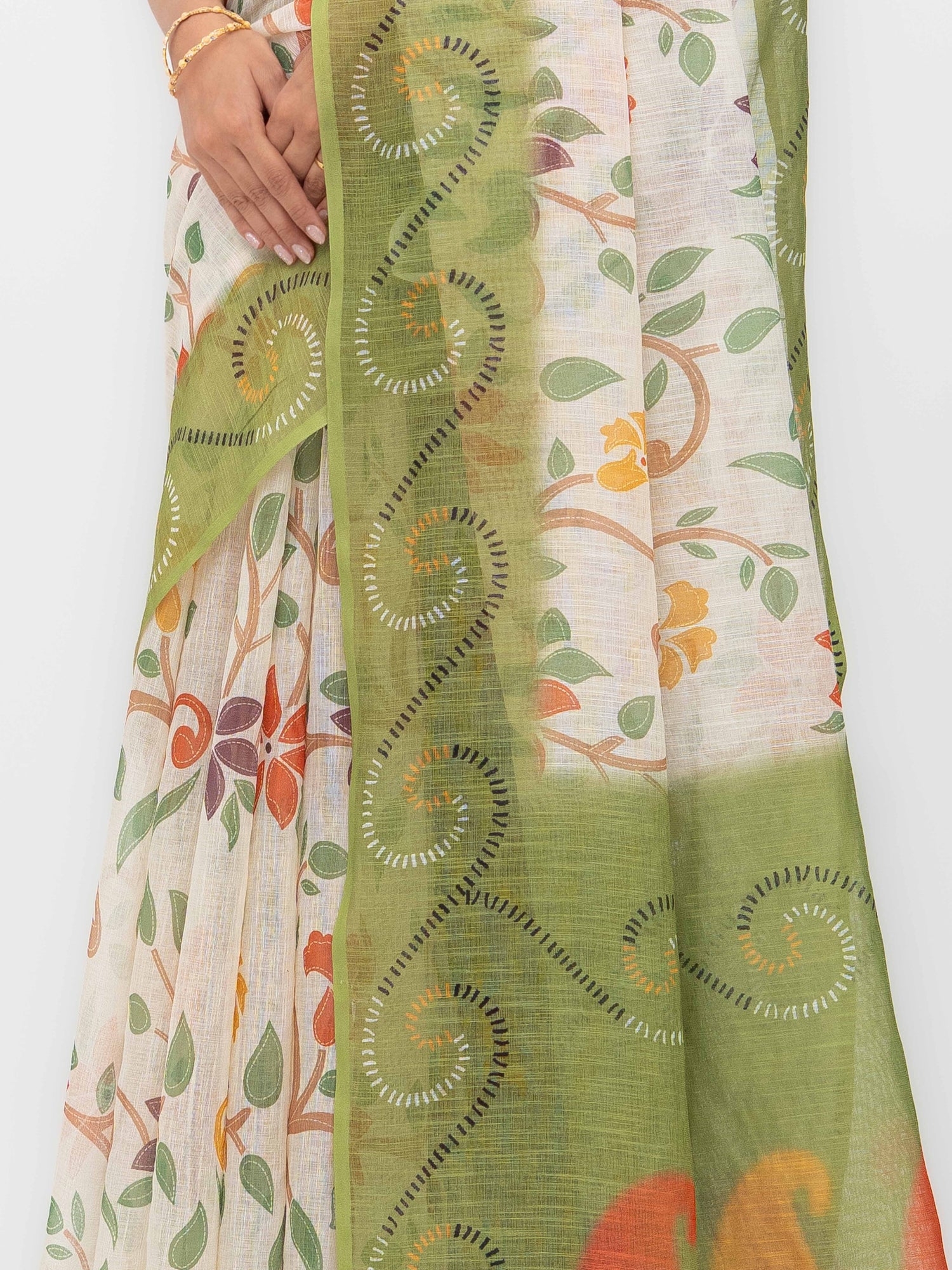 Off-White Cotton Linen Saree