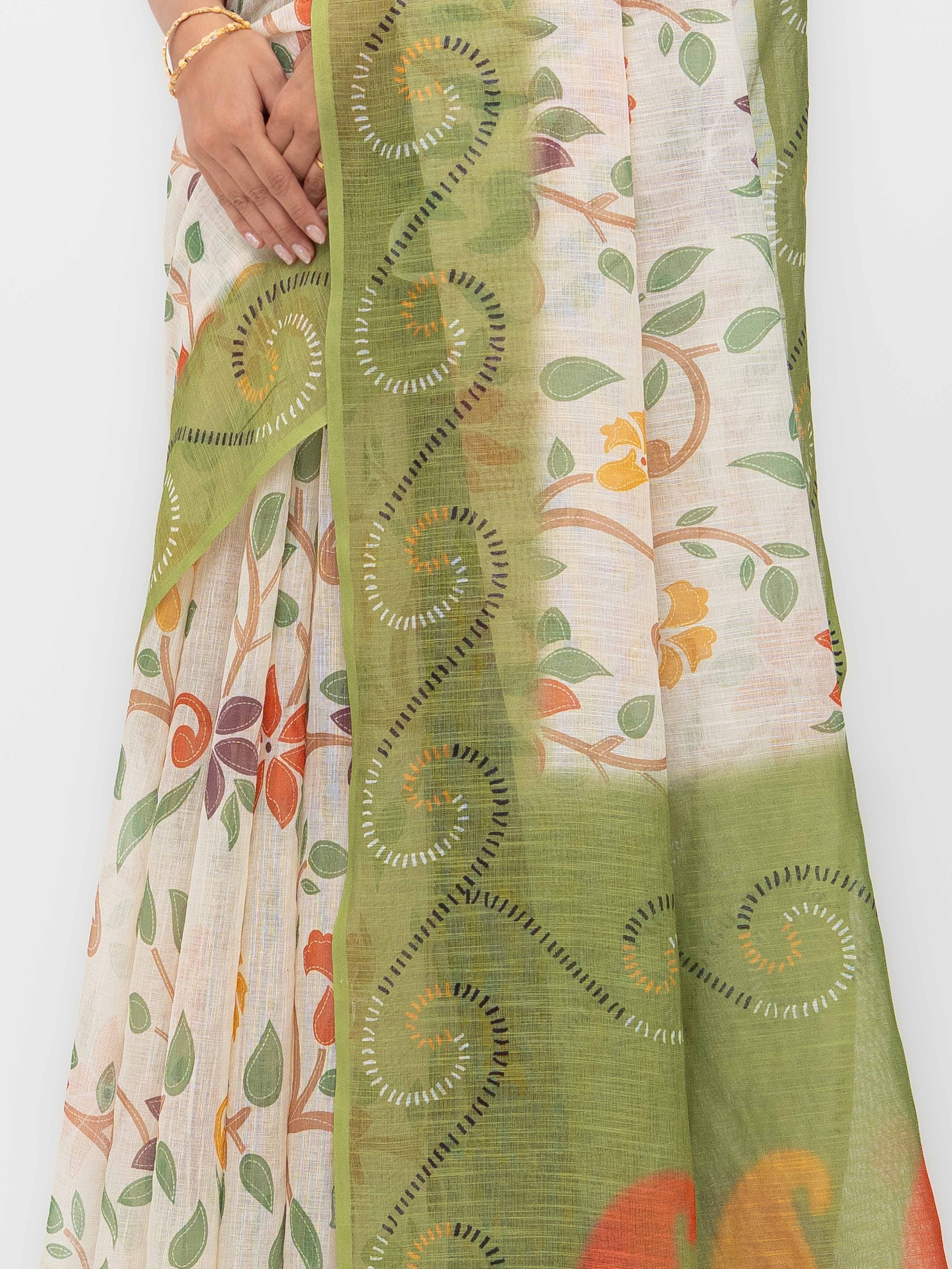 Off-White Cotton Linen Saree