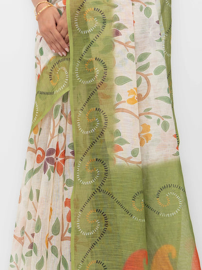 Off-White Cotton Linen Saree