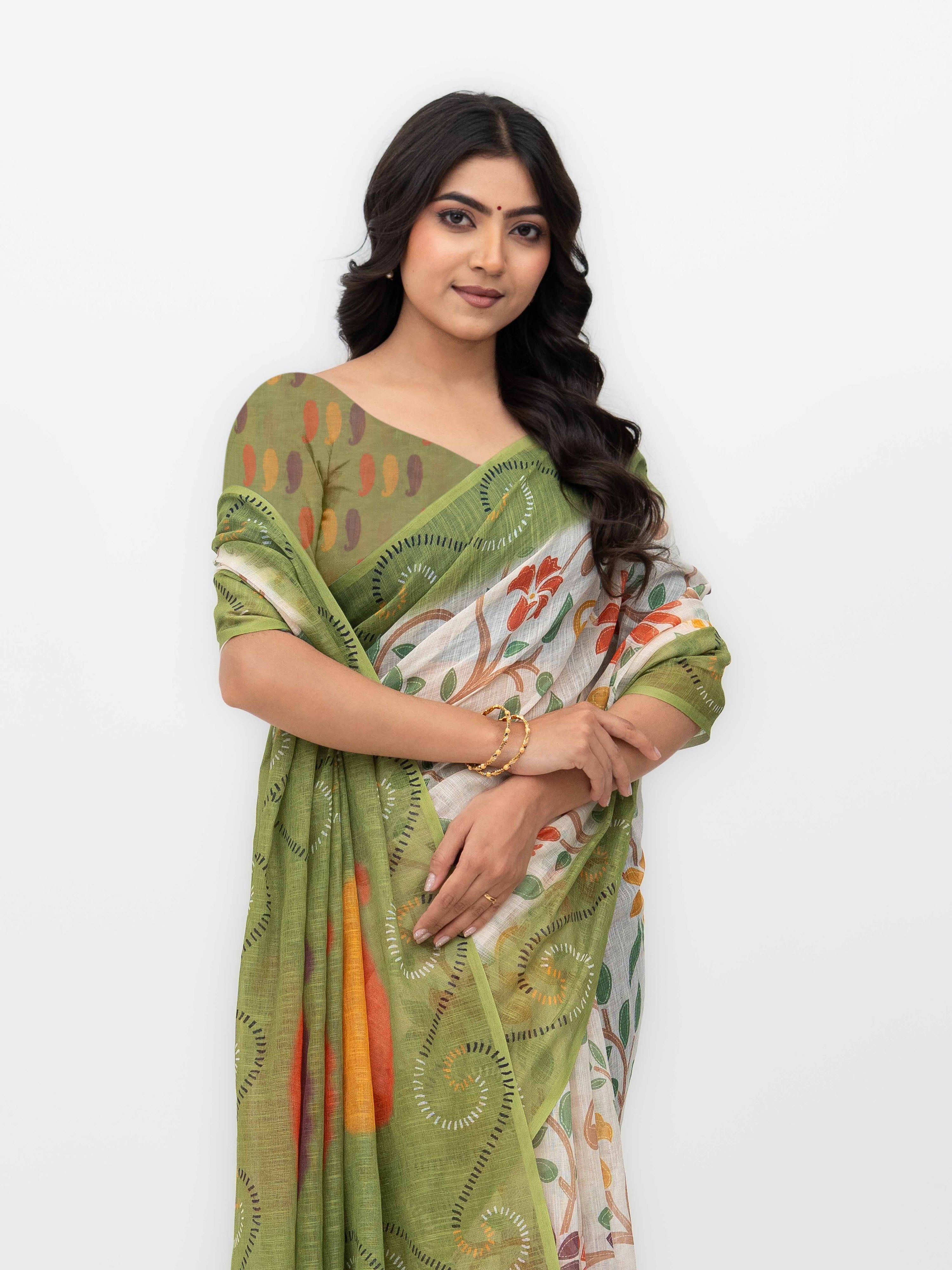 Off-White Cotton Linen Saree