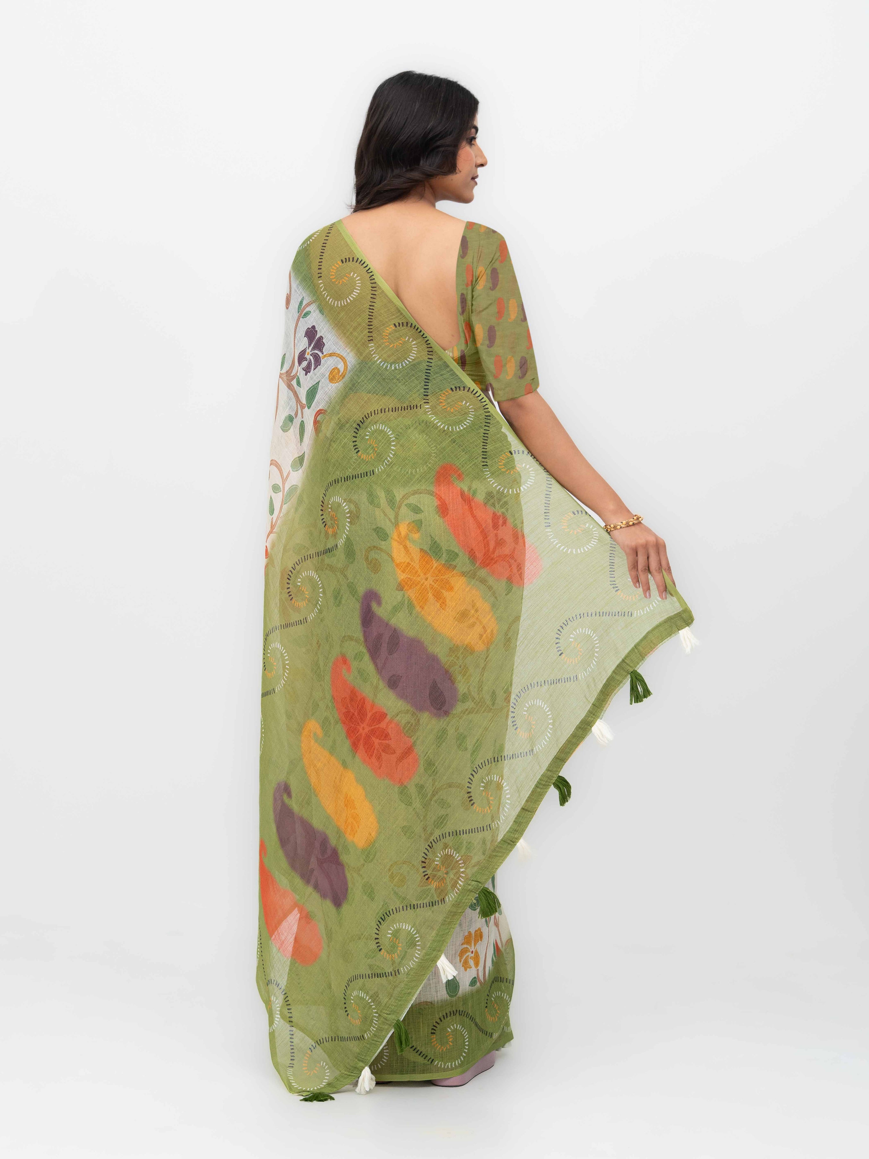 Off-White Cotton Linen Saree