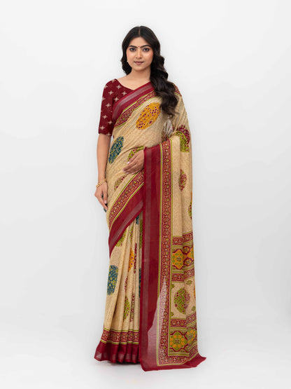 Beige &amp; Maroon Mall Cotton Saree
