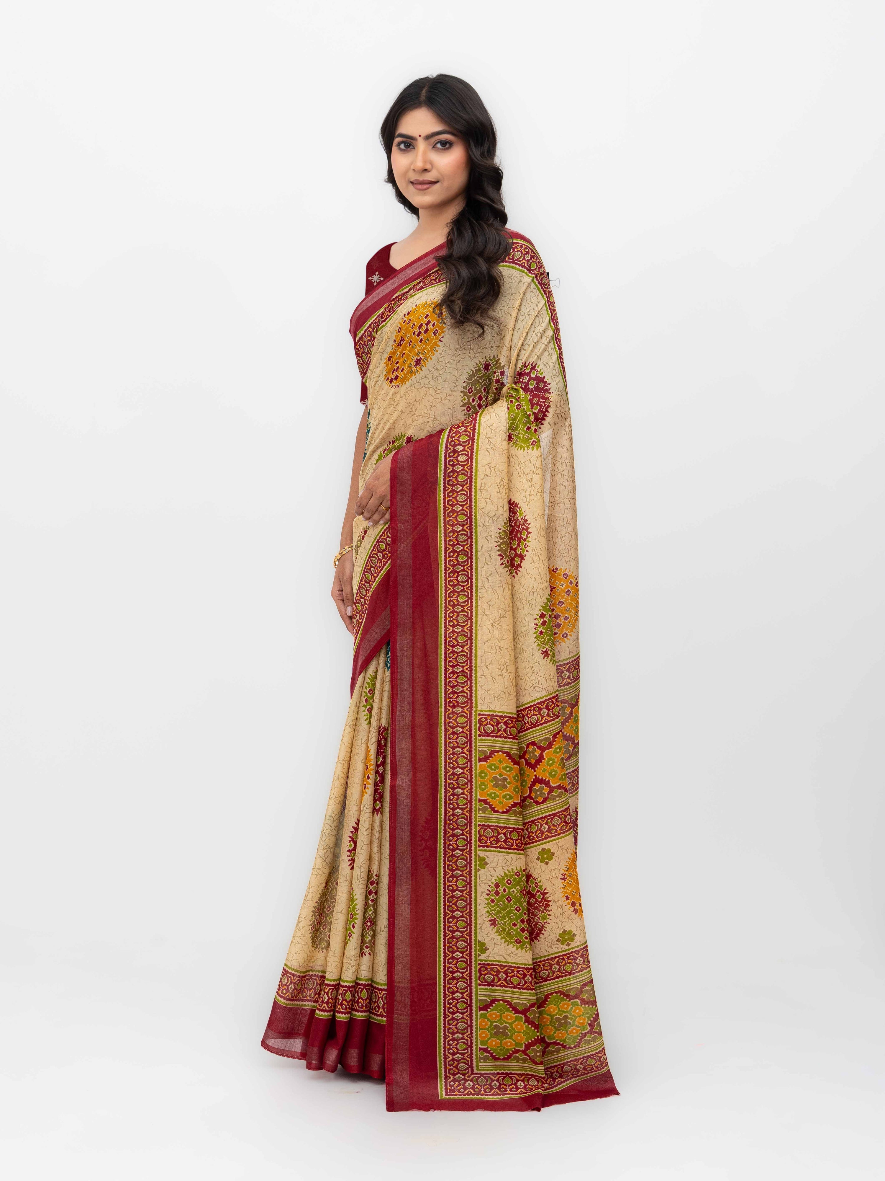 Beige &amp; Maroon Mall Cotton Saree