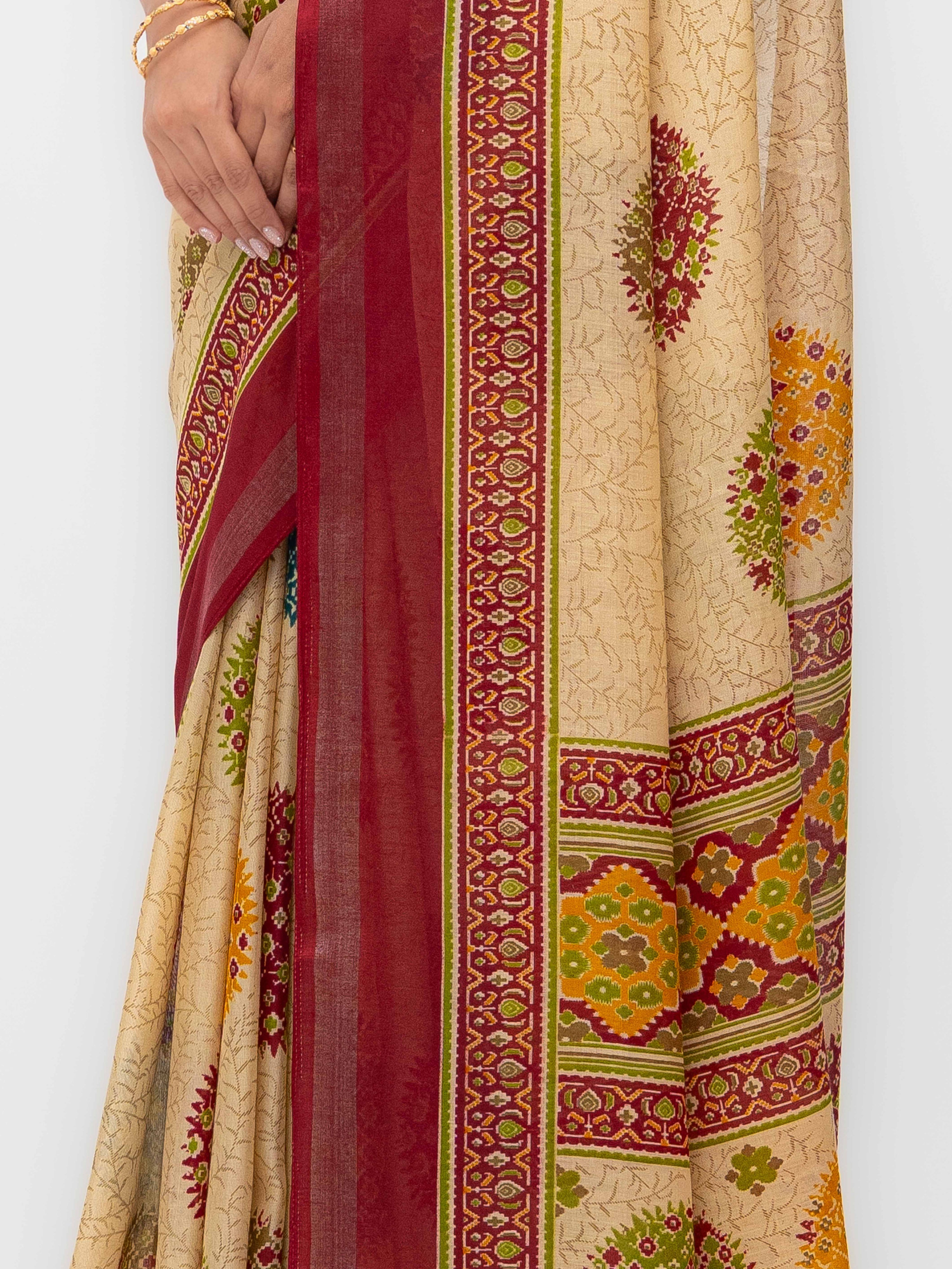 Beige &amp; Maroon Mall Cotton Saree
