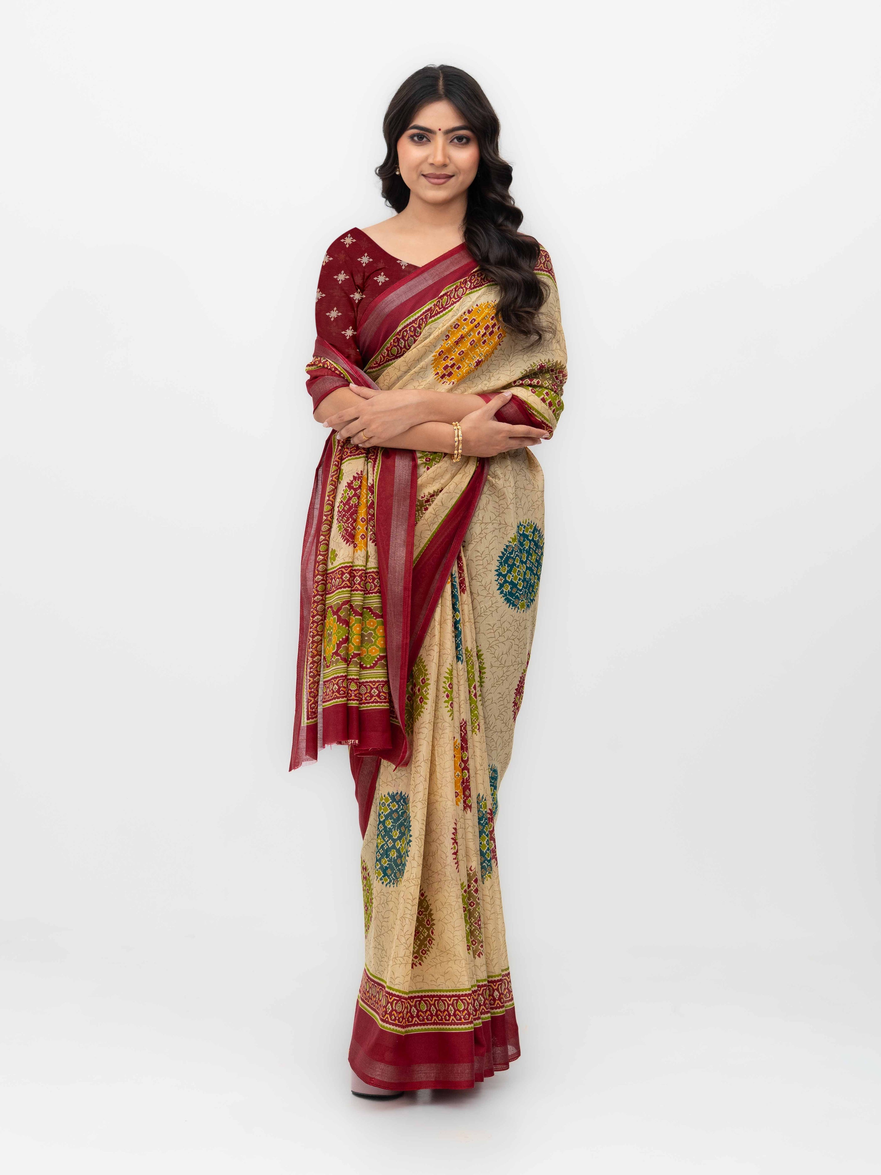 Beige &amp; Maroon Mall Cotton Saree