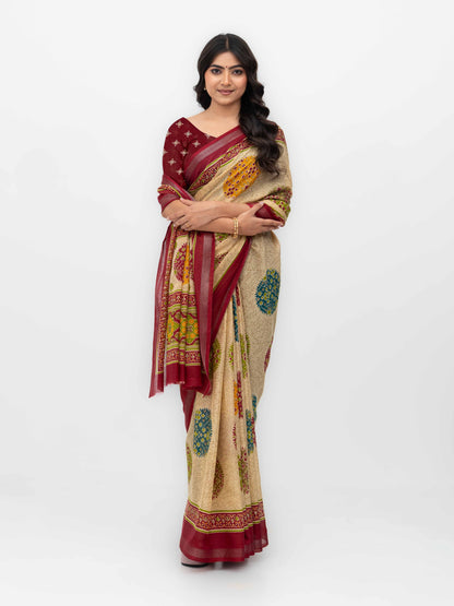 Beige &amp; Maroon Mall Cotton Saree