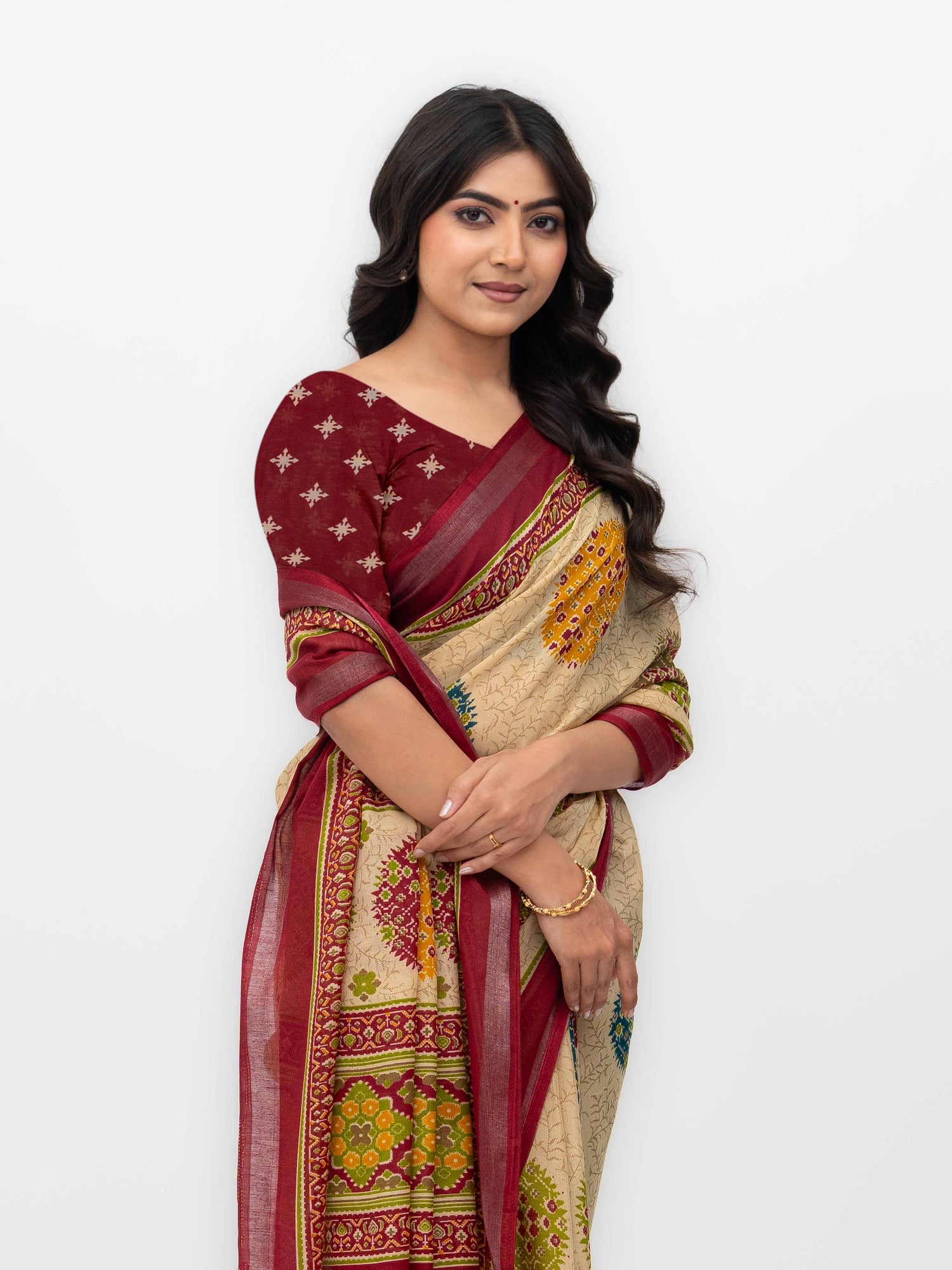 Beige &amp; Maroon Mall Cotton Saree