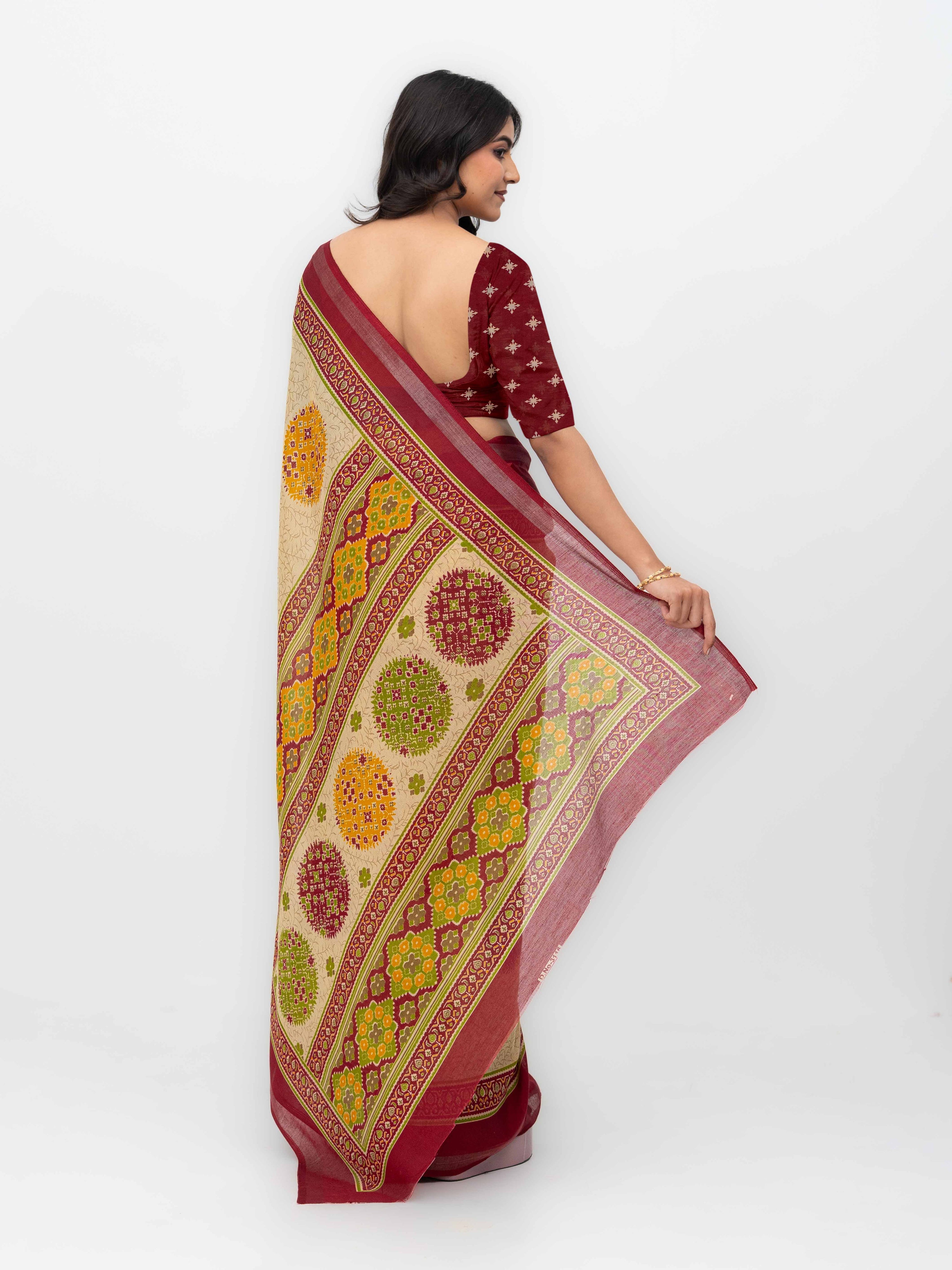 Beige &amp; Maroon Mall Cotton Saree