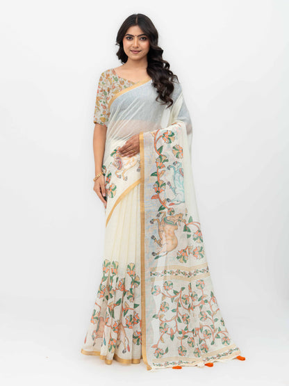 Off-White Cotton Linen Saree