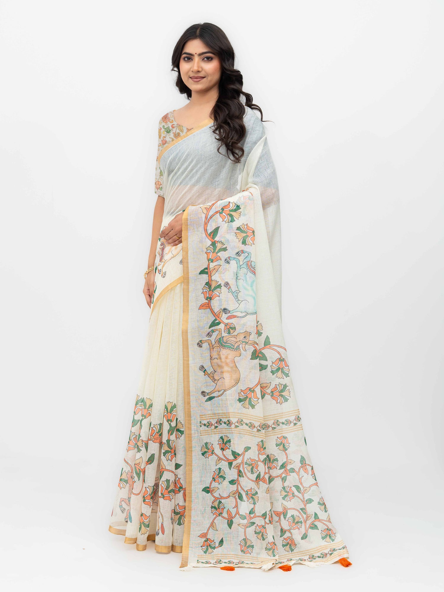 Off-White Cotton Linen Saree