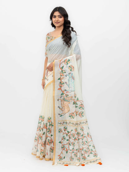 Off-White Cotton Linen Saree