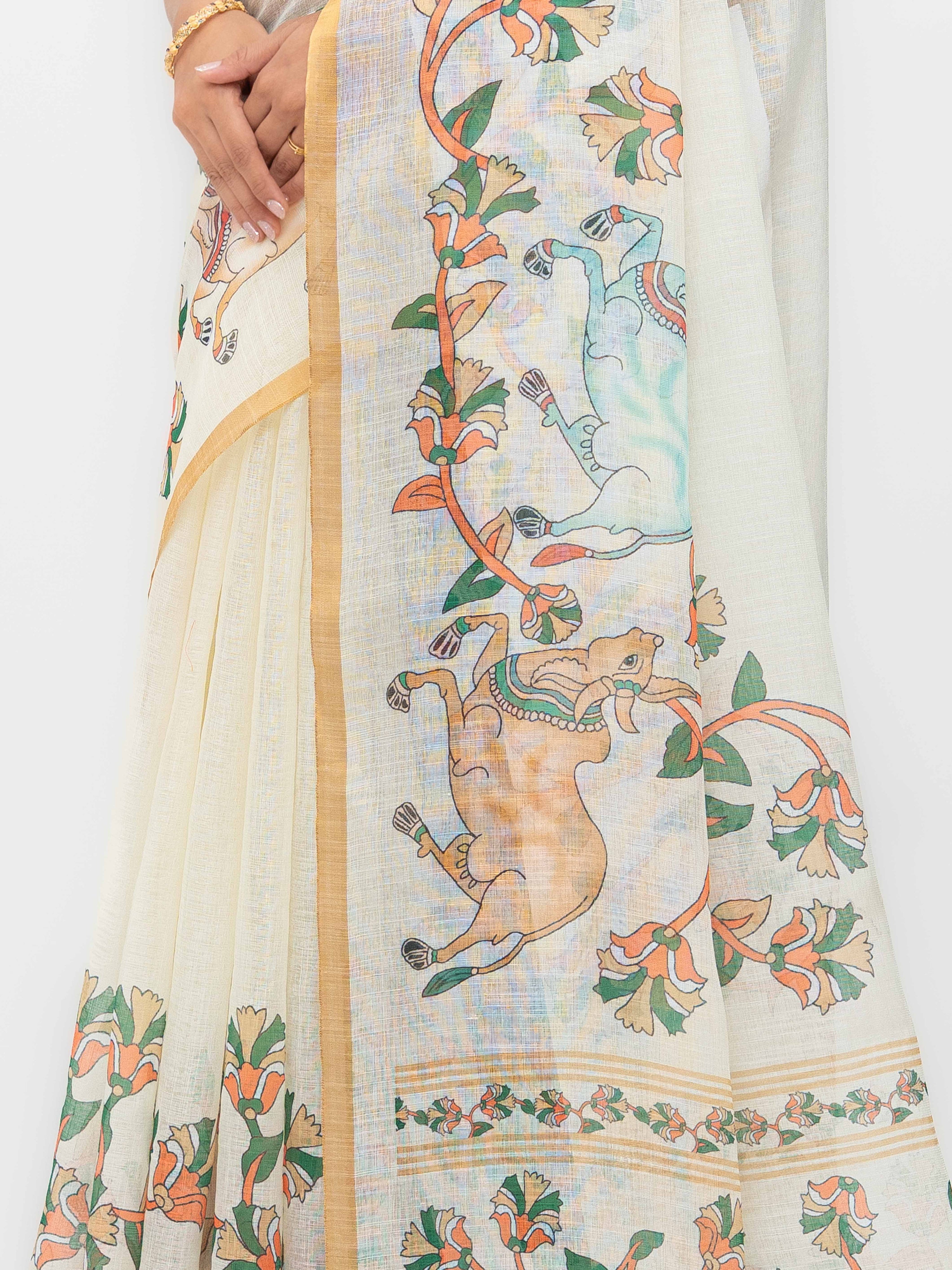 Off-White Cotton Linen Saree